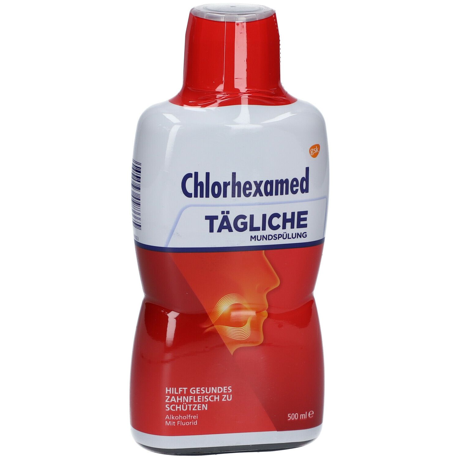 Chlorhexamed Tägliche Mundspülung. Weiße Flasche mit rotem Hals und Boden. Aufschrift: Hilft gesundes Zahnfleisch zu schützen.