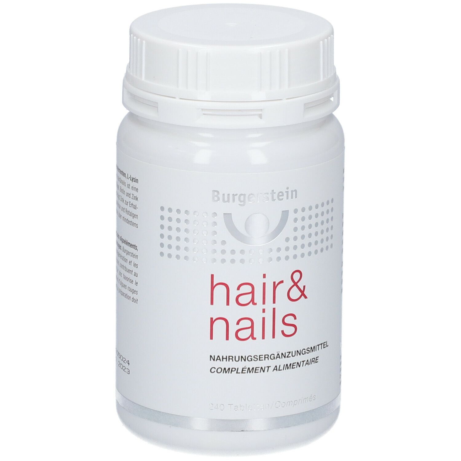 Weiße Flasche mit roter Aufschrift 'hair & nails'. Nahrungsergänzungsmittel von Burgerstein.