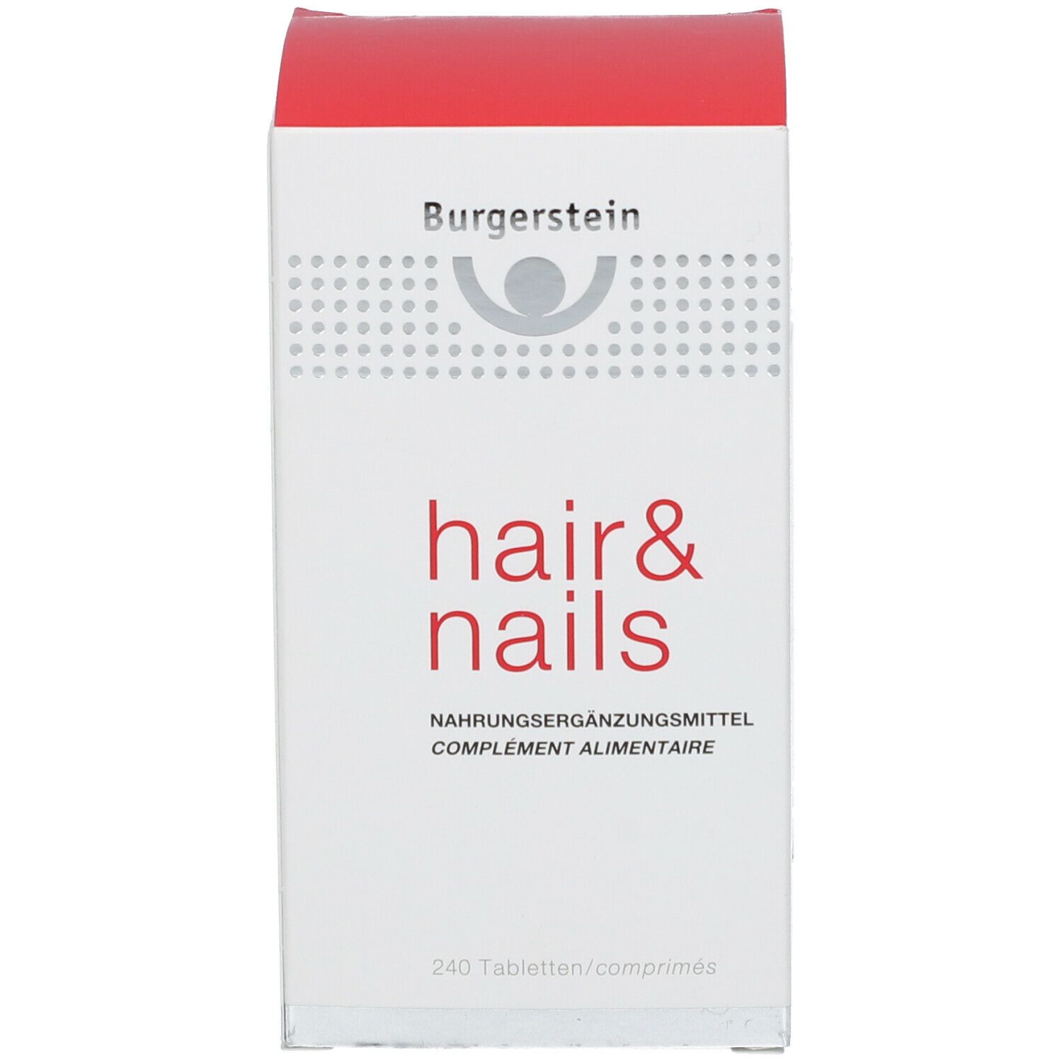 Rote und weiße Schachtel mit Aufschrift 'hair & nails'. Nahrungsergänzungsmittel von Burgerstein.