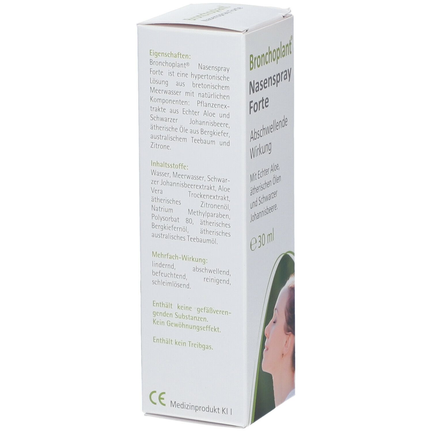 Rückseite der Bronchoplant Nasenspray Forte-Verpackung. Text mit Inhaltsstoffen, Eigenschaften und CE-Kennzeichnung.
