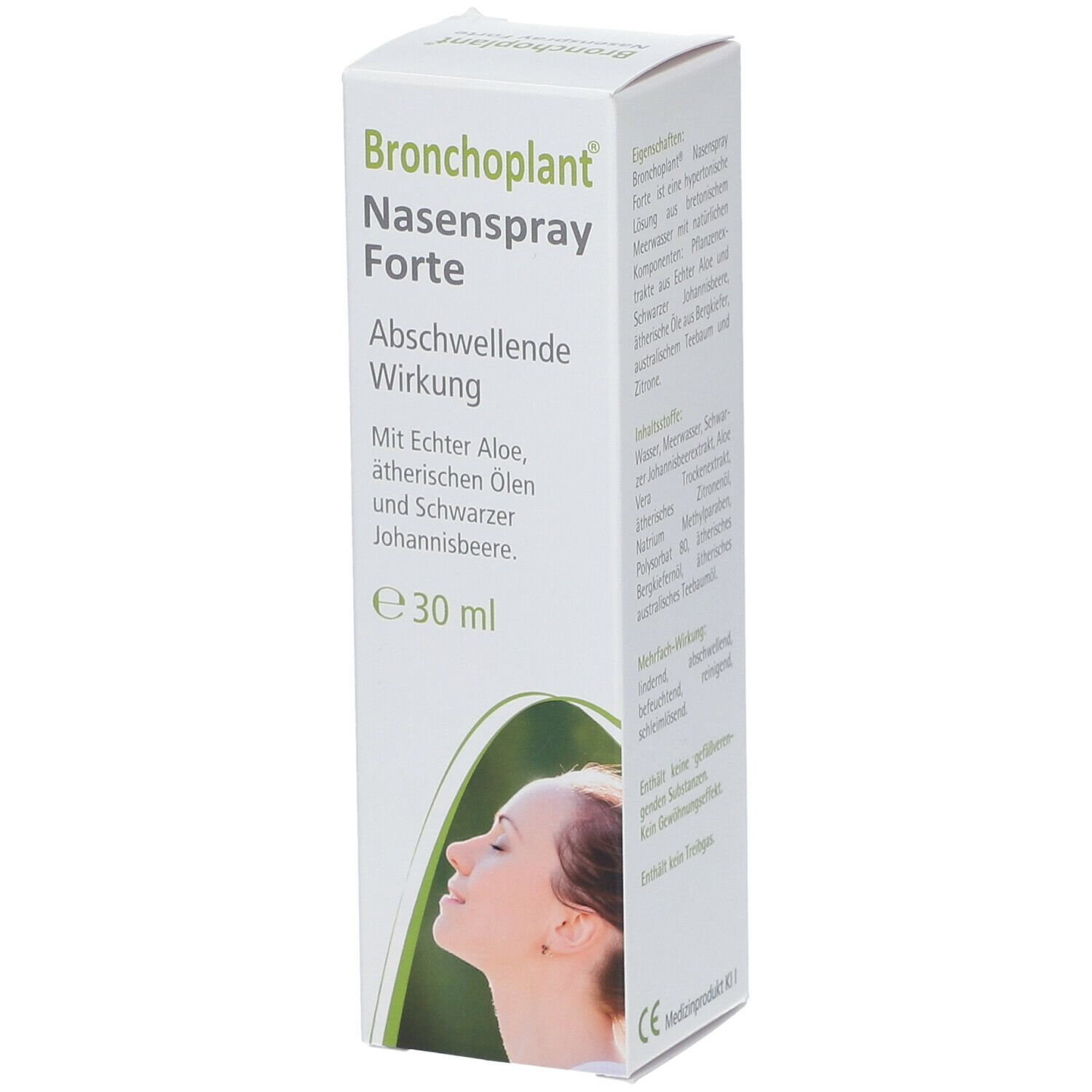 Bronchoplant Nasenspray Forte-Verpackung. Weißer Karton mit Produktnamen, Inhaltsangaben und einer Frau im Profil.