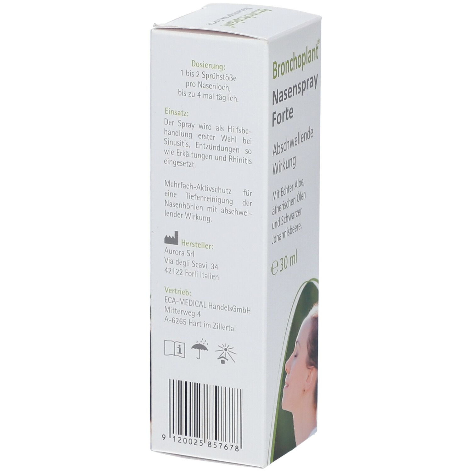 Seite der Bronchoplant Nasenspray Forte-Verpackung. Text mit Dosierung, Anwendungshinweisen und Herstellerinformationen.