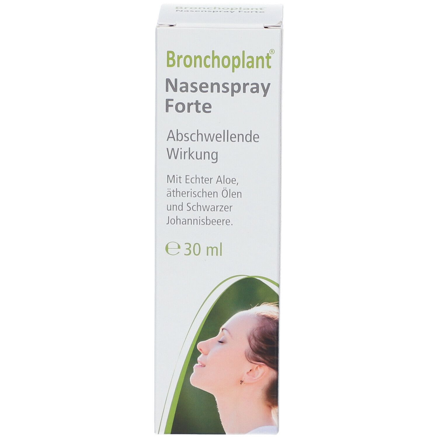 Bronchoplant Nasenspray Forte-Verpackung. Weißer Karton mit Produktnamen, Inhaltsangaben und einer Frau im Profil.