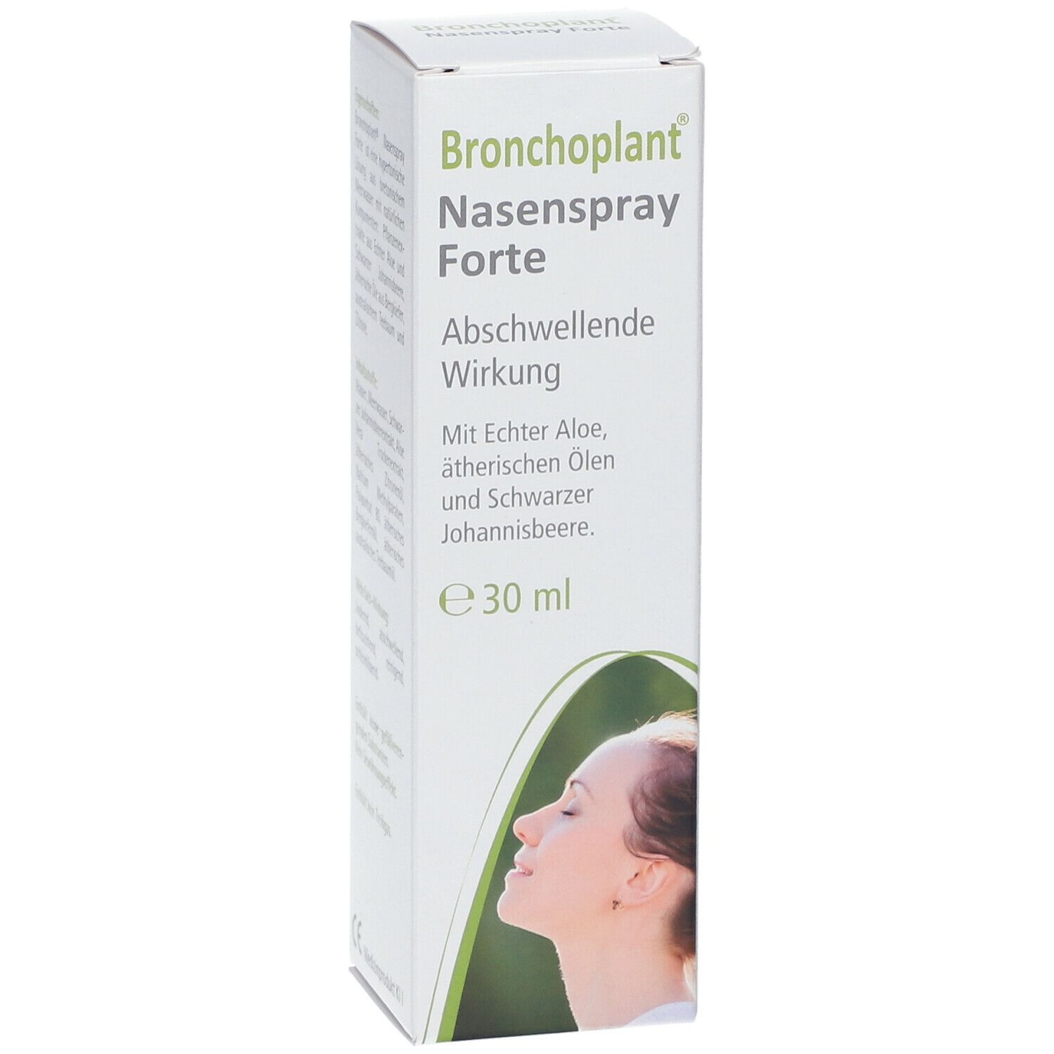 Bronchoplant Nasenspray Forte-Verpackung. Weißer Karton mit Produktnamen, Inhaltsangaben und einer Frau im Profil.