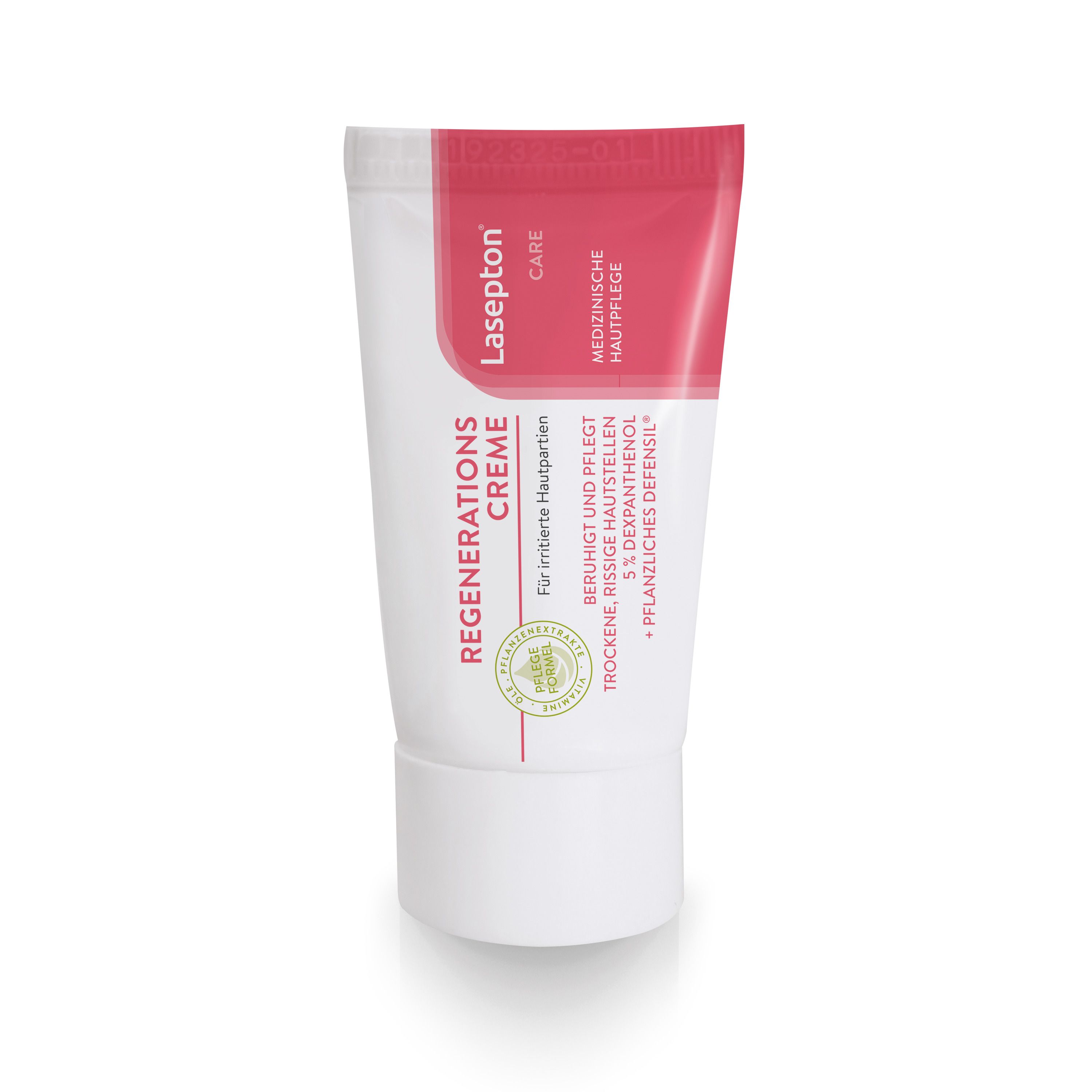 Creme-Tube mit rotem und weißem Design. Aufschrift: Lasepton REGENERATIONS CREME. Medizinische Hautpflege.