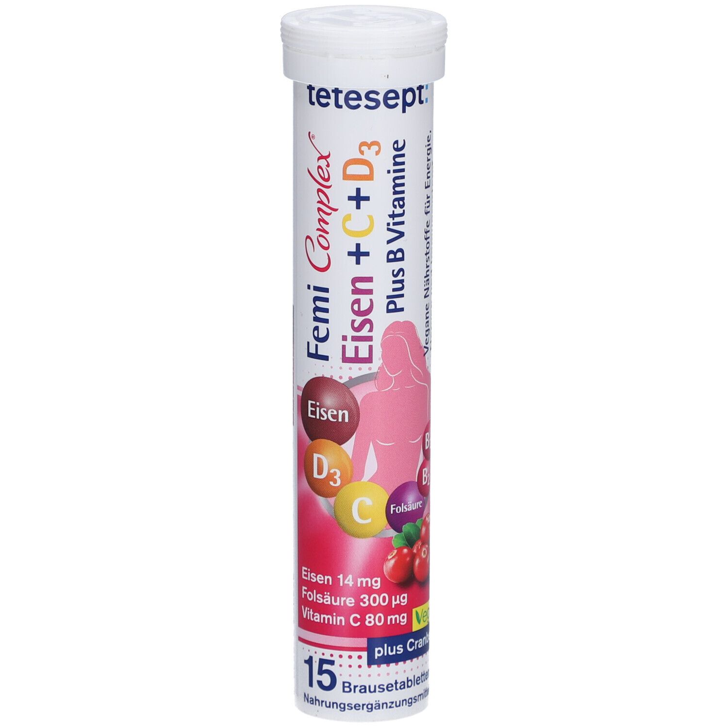 Brausetabletten-Tube. Aufschrift: Femi Complex Eisen + C + D3, plus B Vitamine. Enthält Eisen, Vitamin C, D3, B. 15 Tabletten.