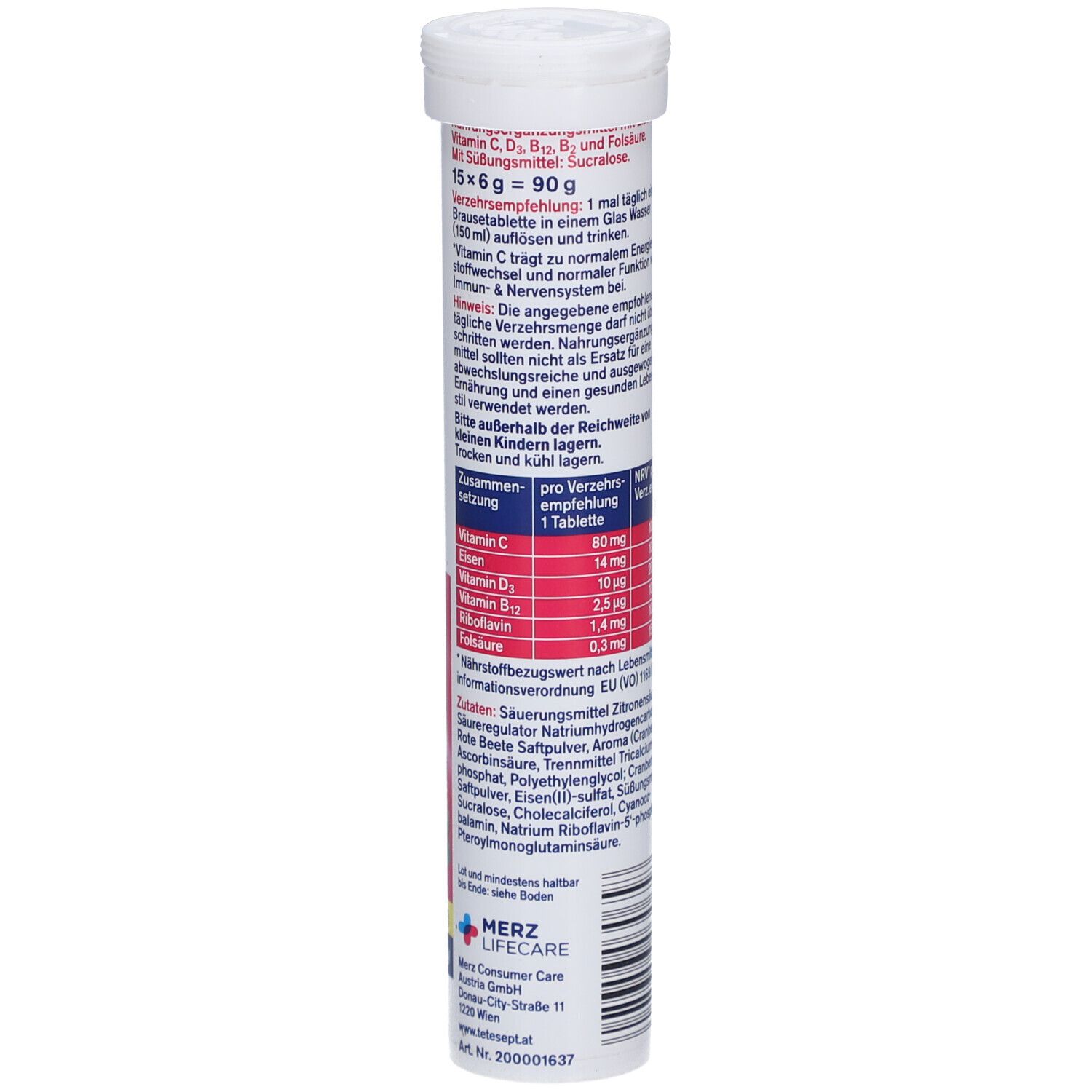 Brausetabletten-Tube. Aufschrift: Femi Complex. Enthält Vitamin C, D, B12, Folsäure. Inhaltsstoffe und Nährwertangaben. 15 Tabletten.