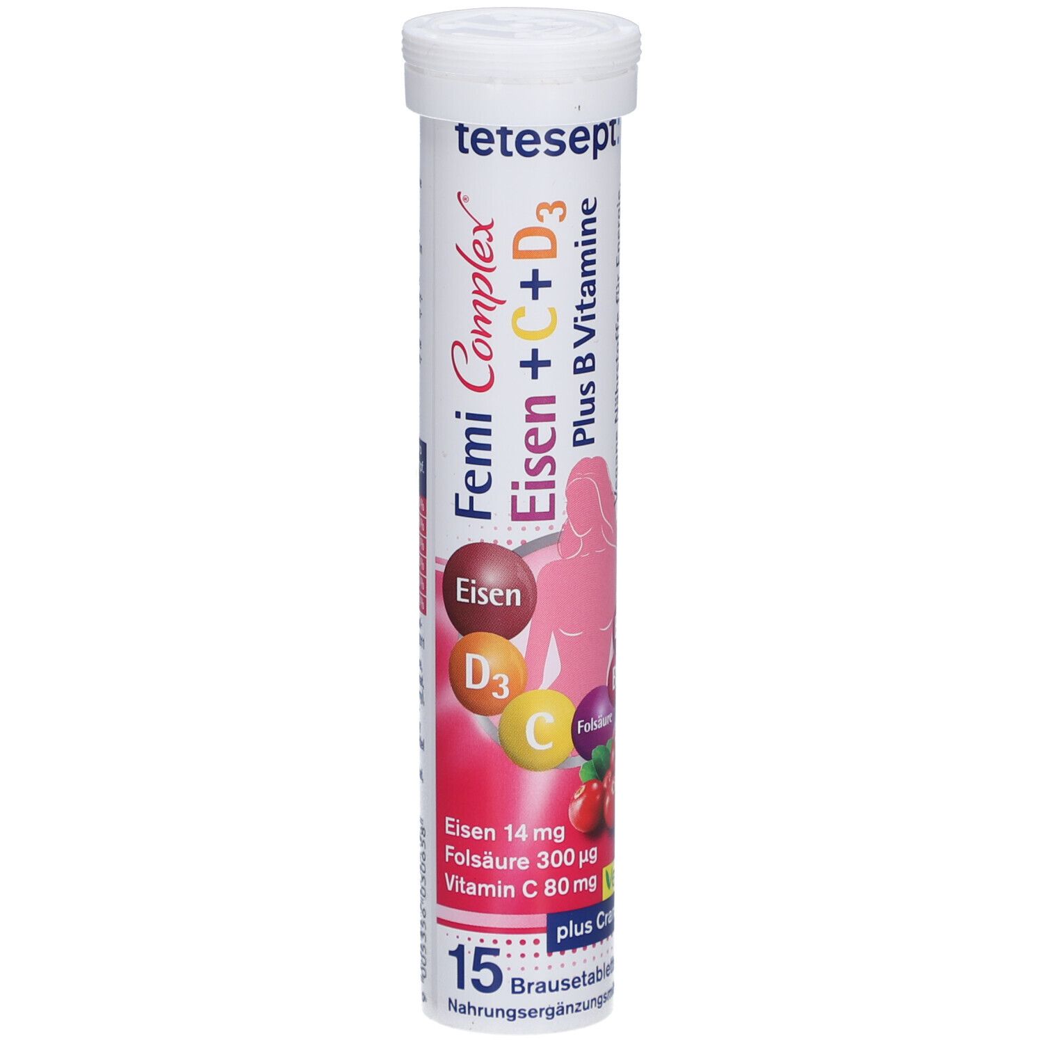 Brausetabletten-Tube. Aufschrift: Femi Complex Eisen + C + D3, plus B Vitamine. Enthält Eisen, Vitamin C, D3, B. 15 Tabletten.