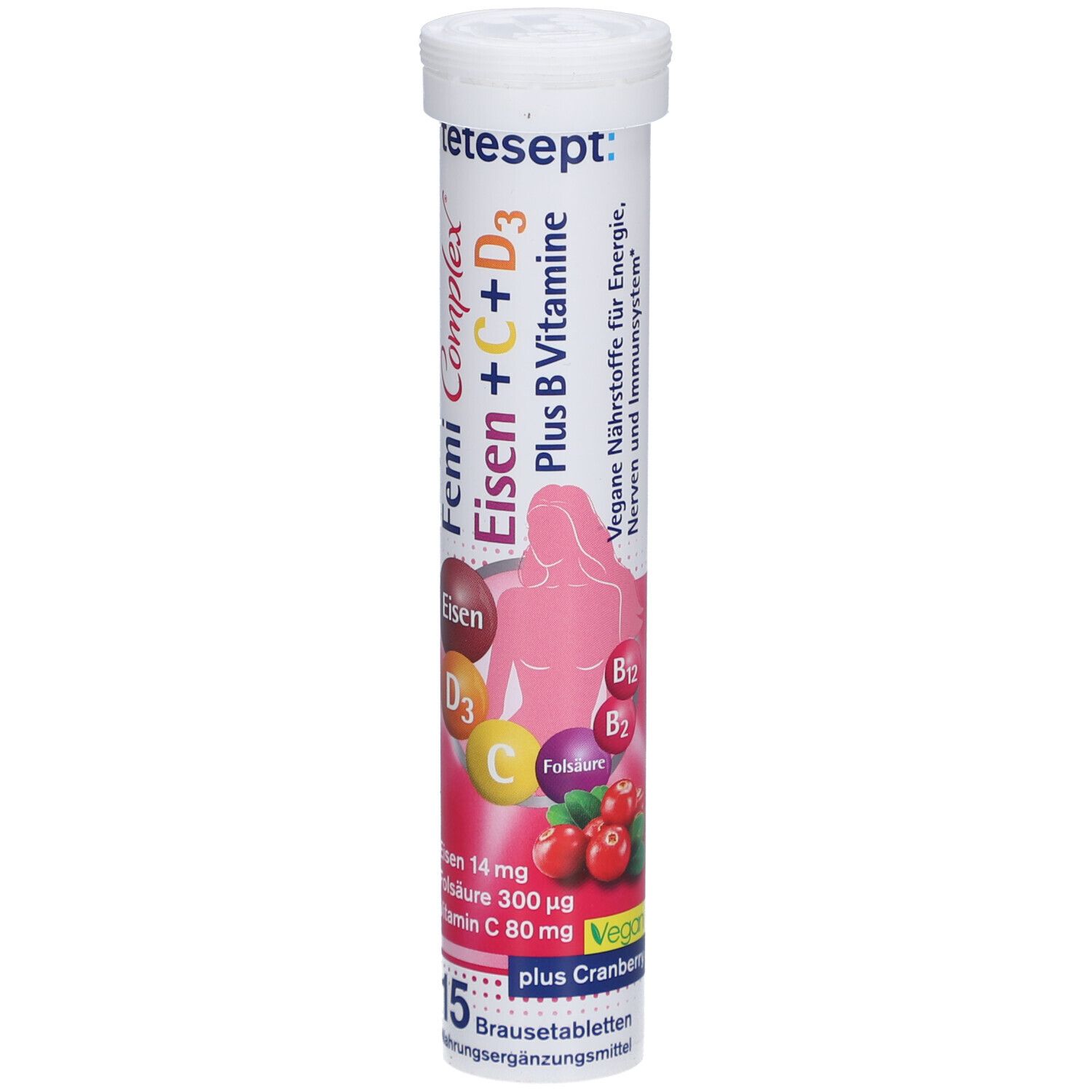 Brausetabletten-Tube. Aufschrift: Femi Complex Eisen + C + D3, plus B Vitamine. Vegan. Enthält Eisen, Vitamin C, D3, B. 15 Tabletten.