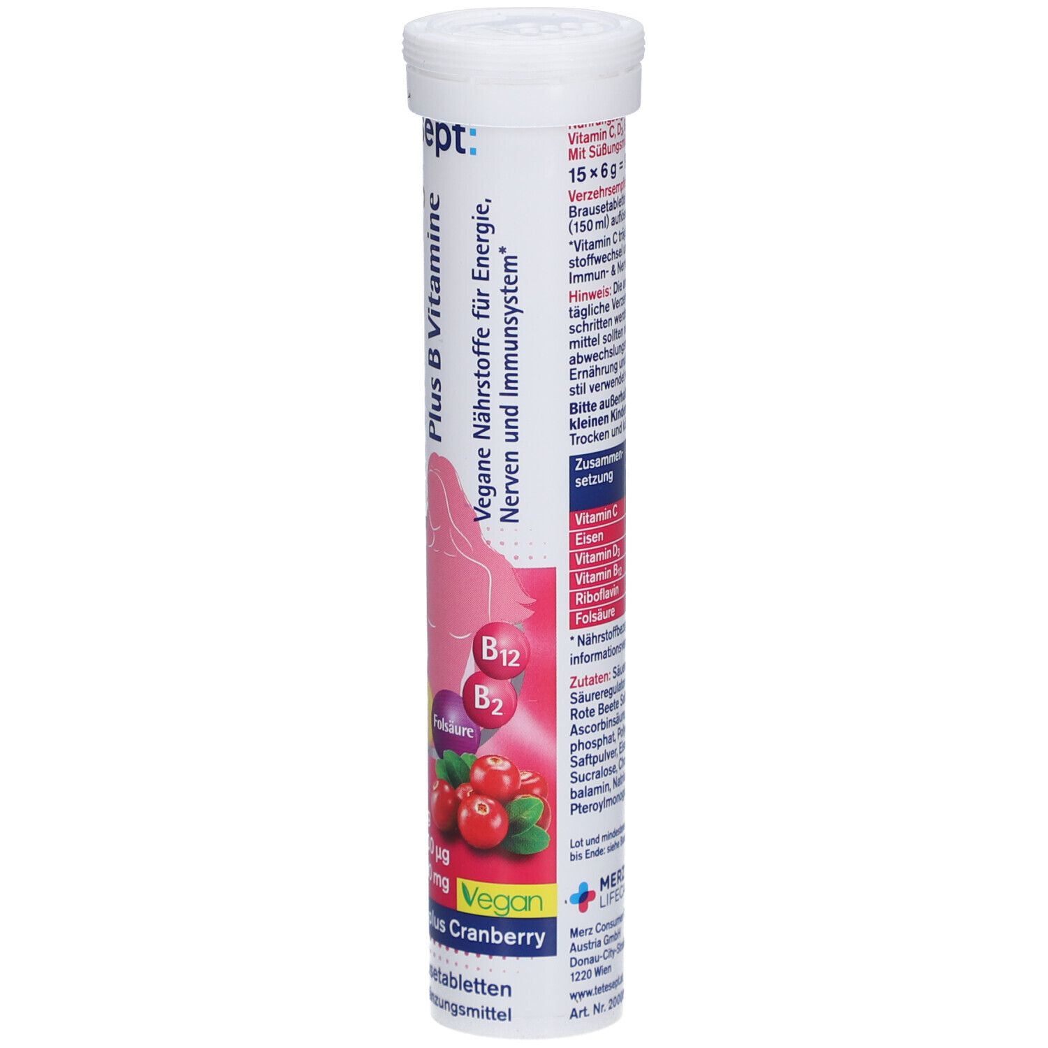 Brausetabletten-Tube. Aufschrift: Plus B Vitamine. Vegan. Enthält Vitamin C, D, B12, Folsäure. 15 Tabletten. Inhaltsstoffe.