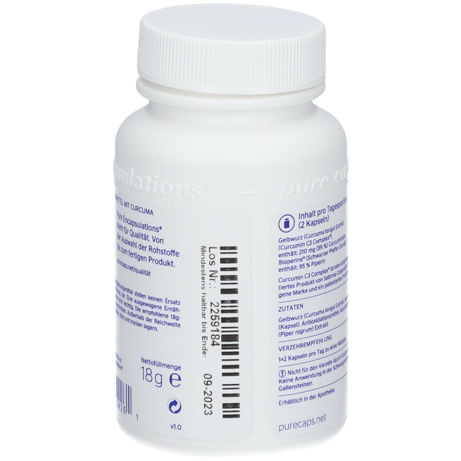 Rückseite der weißen Flasche. Enthält Informationen zu Inhaltsstoffen und Mindesthaltbarkeit. Text in deutscher Sprache.