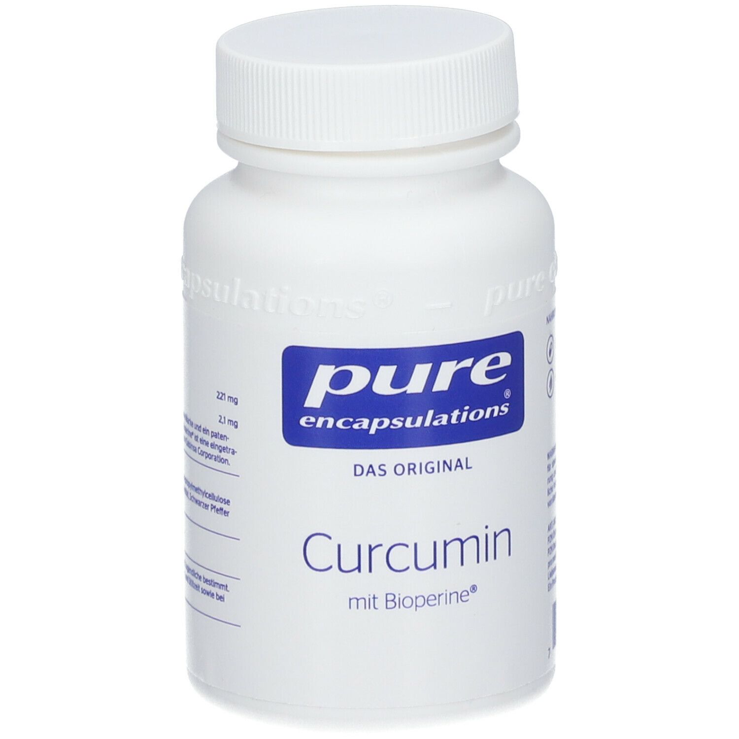 Weiße Flasche mit blauem Etikett. Aufschrift: pure encapsulations, Curcumin mit Bioperine.