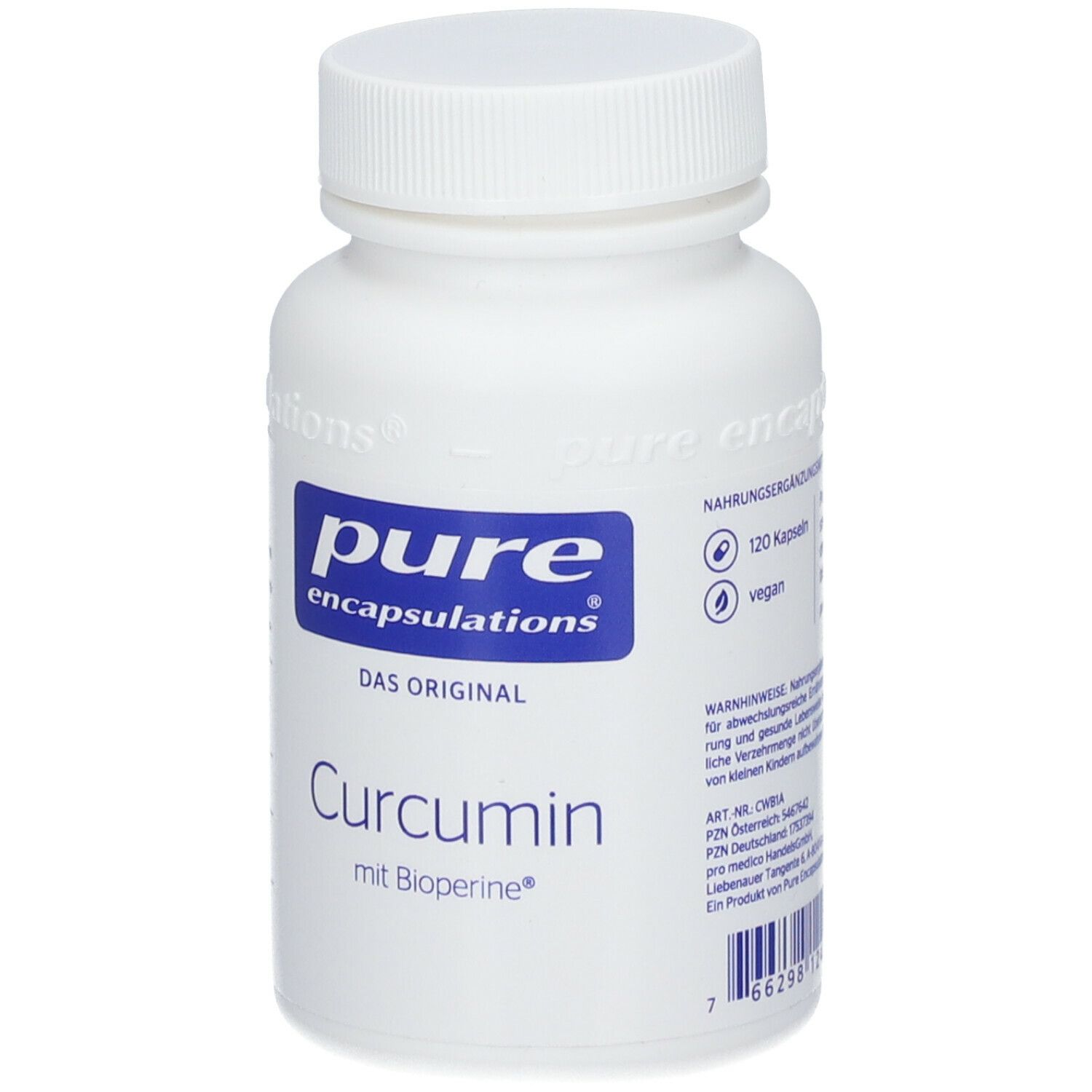 Weiße Flasche mit blauem Etikett. Aufschrift: pure encapsulations, Curcumin mit Bioperine. 120 Kapseln.