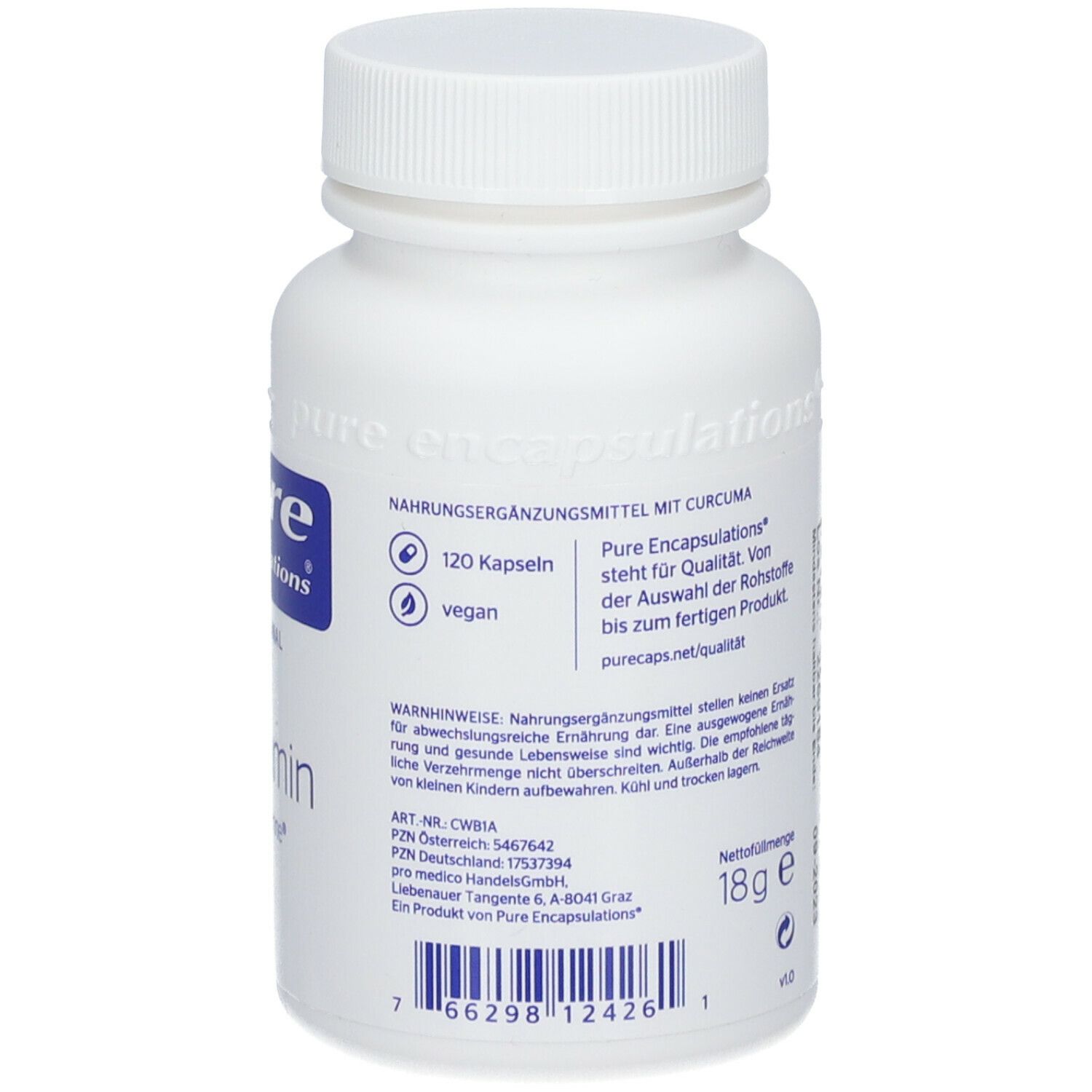 Rückseite der weißen Flasche. Enthält Informationen zu Inhaltsstoffen, Warnhinweisen und Menge. Text in deutscher Sprache.