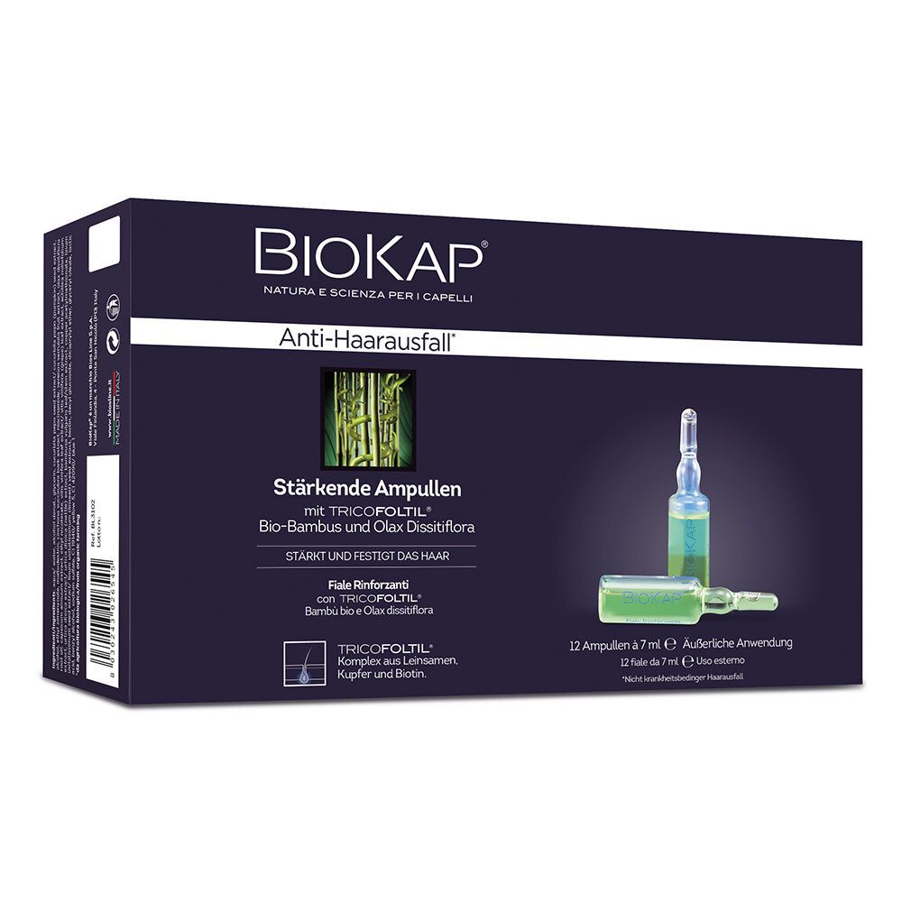 Boîte bleu foncé BIOKAP Anti-Chute. Ampoules et texte descriptif. Logo BIOKAP en haut.