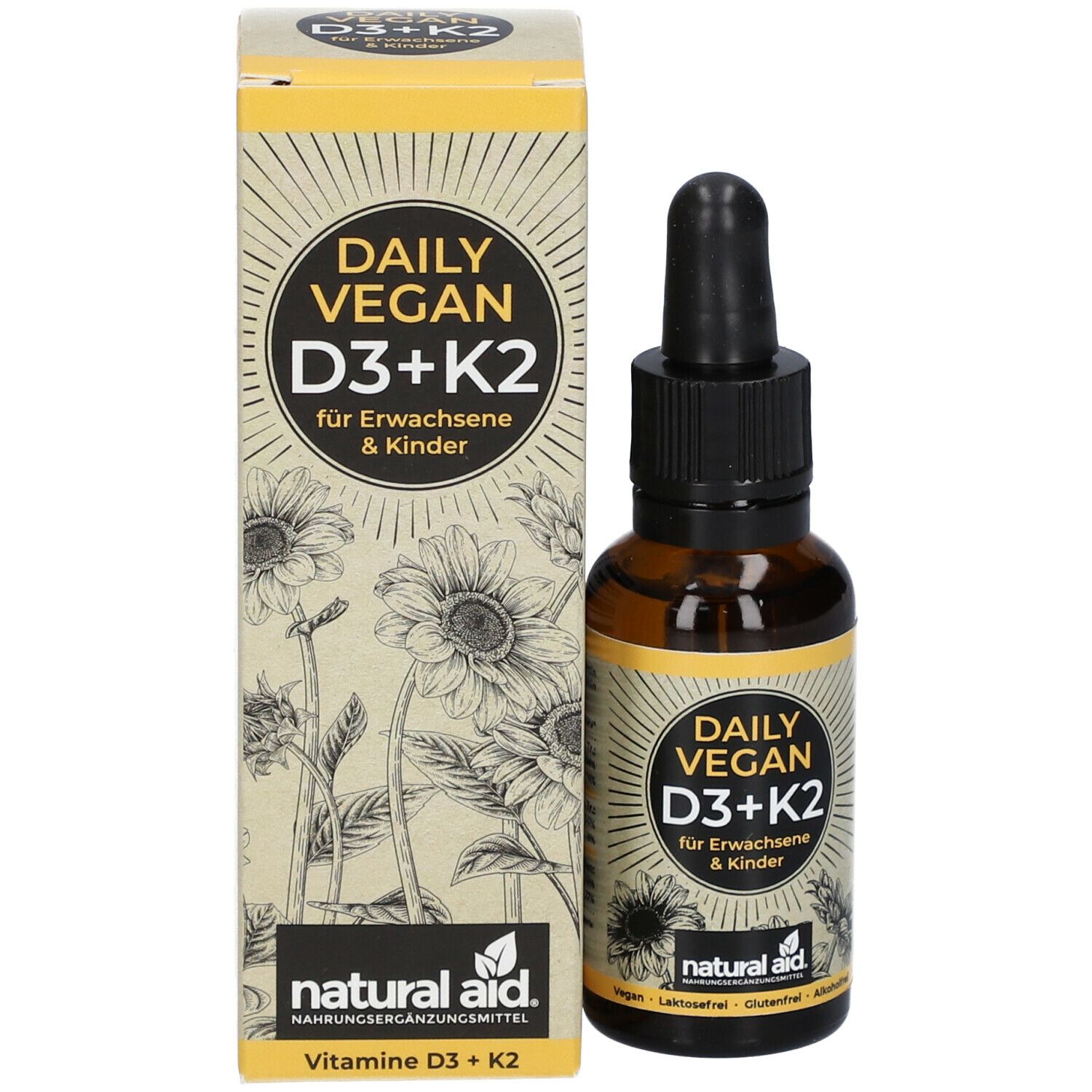 Produktflasche und Verpackung. Braune Flasche mit schwarzem Tropfer und gelbe Verpackung. Aufschrift: DAILY VEGAN D3+K2.