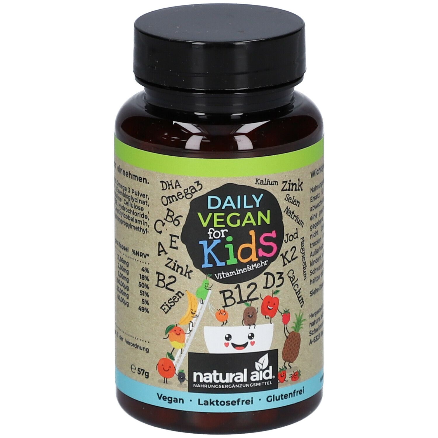 Braune Flasche mit schwarzem Deckel. Aufschrift: Daily Vegan for Kids. Enthält Vitamine und Mineralstoffe. Vegan, laktosefrei, glutenfrei.