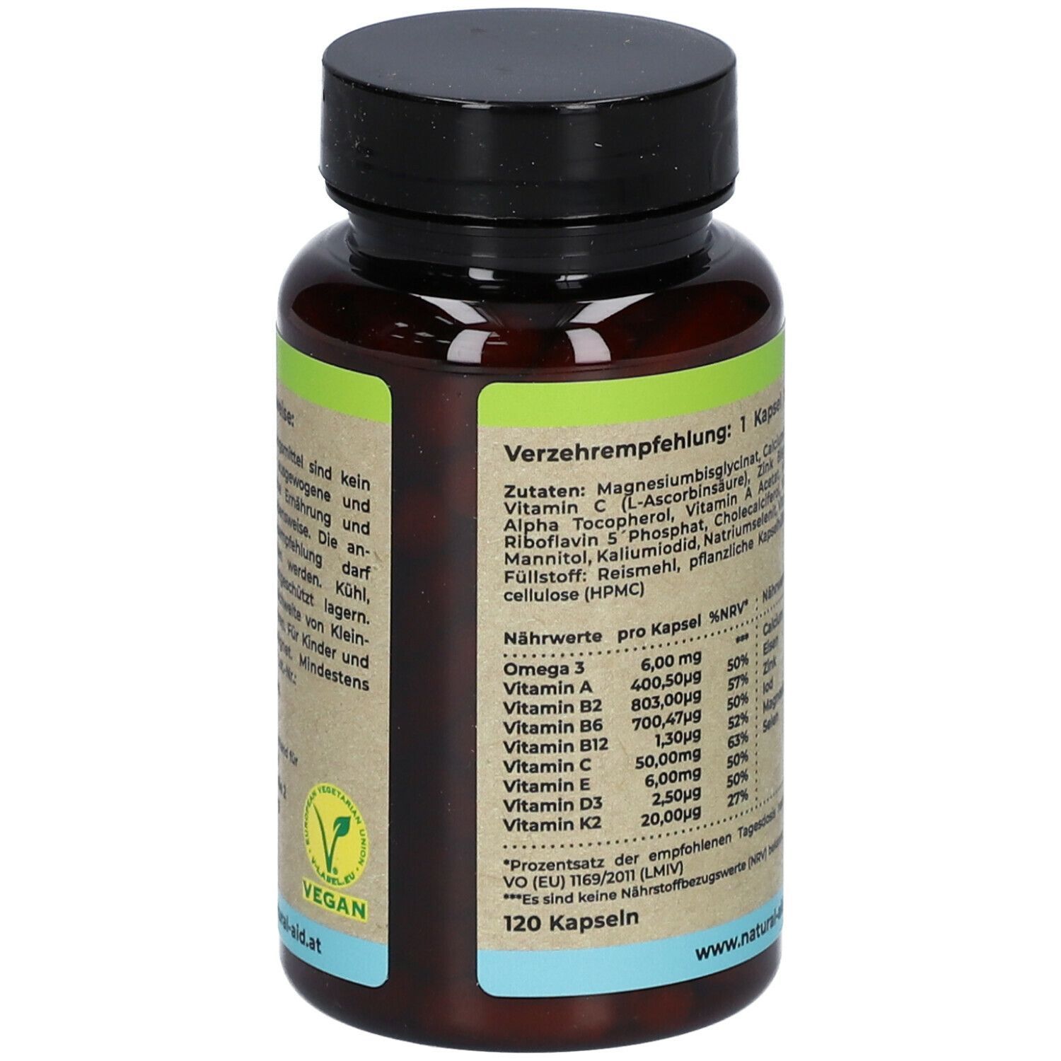 Braune Flasche mit schwarzem Deckel. Rückseite mit Verzehrempfehlung und Inhaltsstoffen. Enthält 120 Kapseln. Vegan-Siegel.