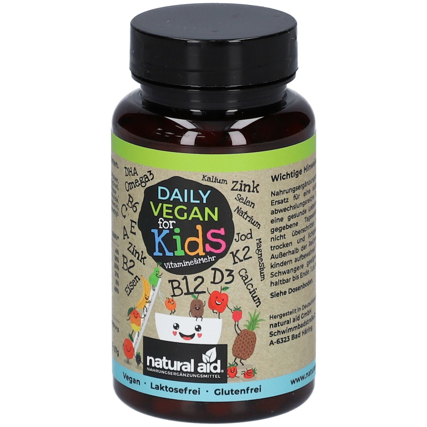 Braune Flasche mit schwarzem Deckel. Aufschrift: Daily Vegan for Kids. Enthält Vitamine und Mineralstoffe. Vegan, laktosefrei, glutenfrei.