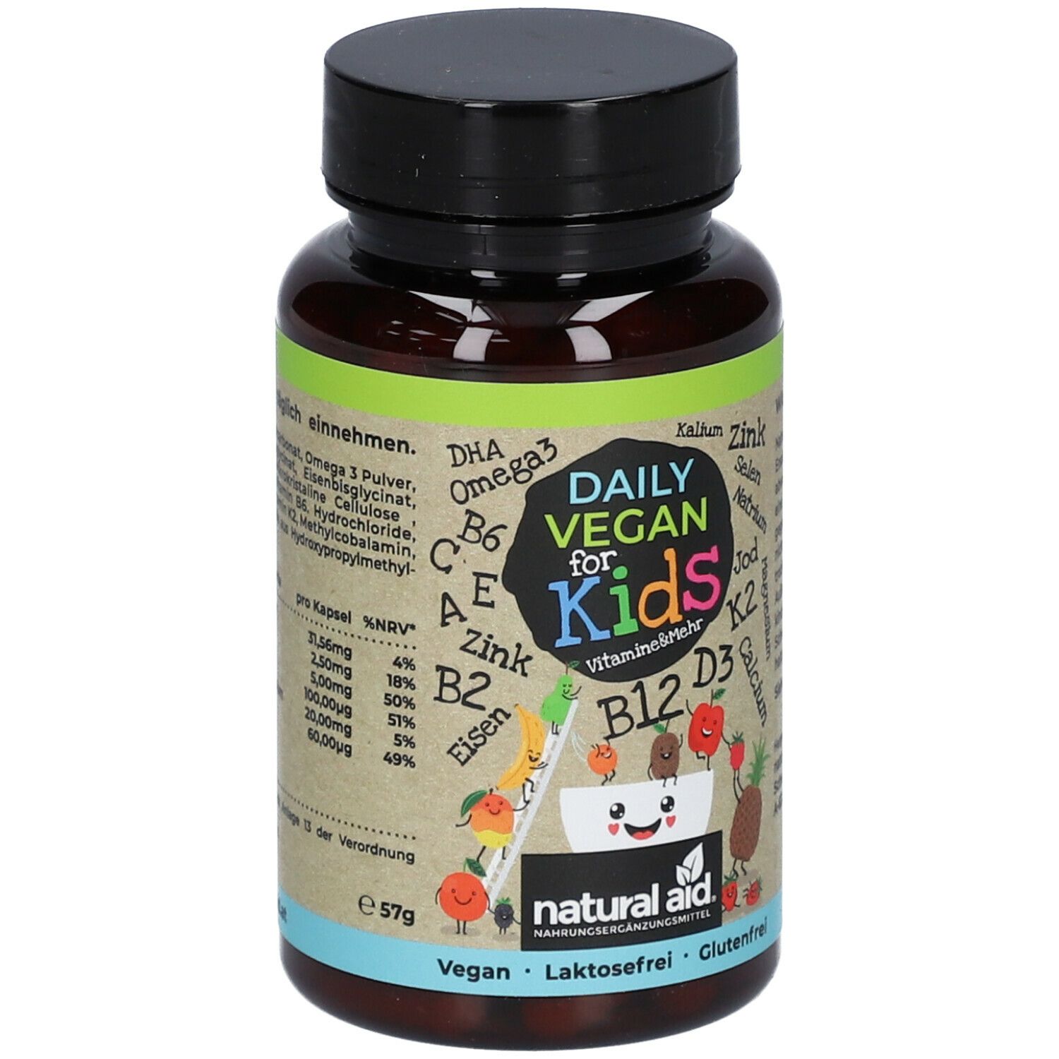 Braune Flasche mit schwarzem Deckel. Aufschrift: Daily Vegan for Kids. Enthält Vitamine und Mineralstoffe. Vegan, laktosefrei, glutenfrei.