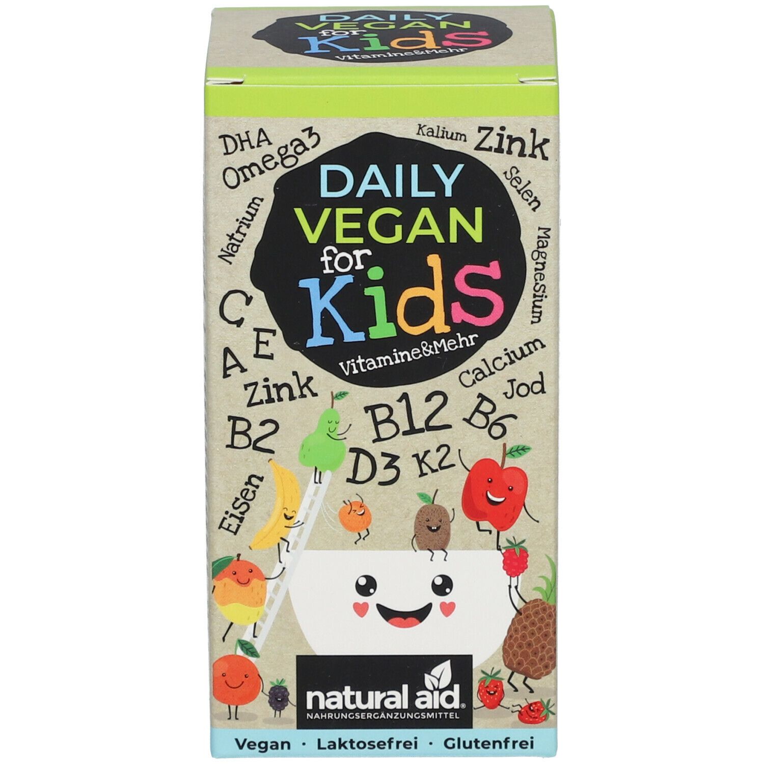 Kartonverpackung mit Aufschrift: Daily Vegan for Kids. Enthält Vitamine und Mineralstoffe. Vegan, laktosefrei, glutenfrei.