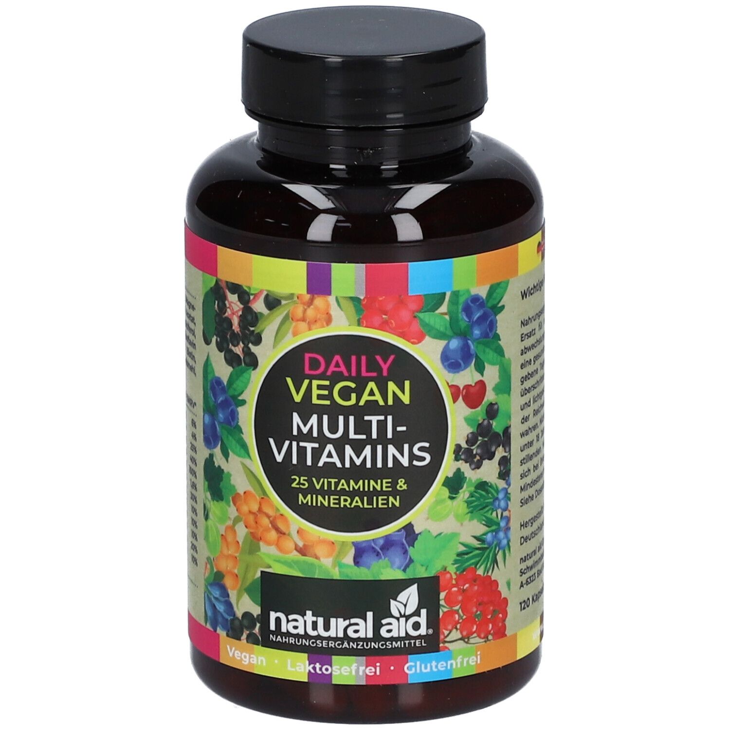 Braune Flasche mit schwarzem Deckel. Aufschrift: Daily Vegan Multi-Vitamins, 25 Vitamine & Mineralien. Marke: natural aid. Vegan, laktosefrei, glutenfrei.