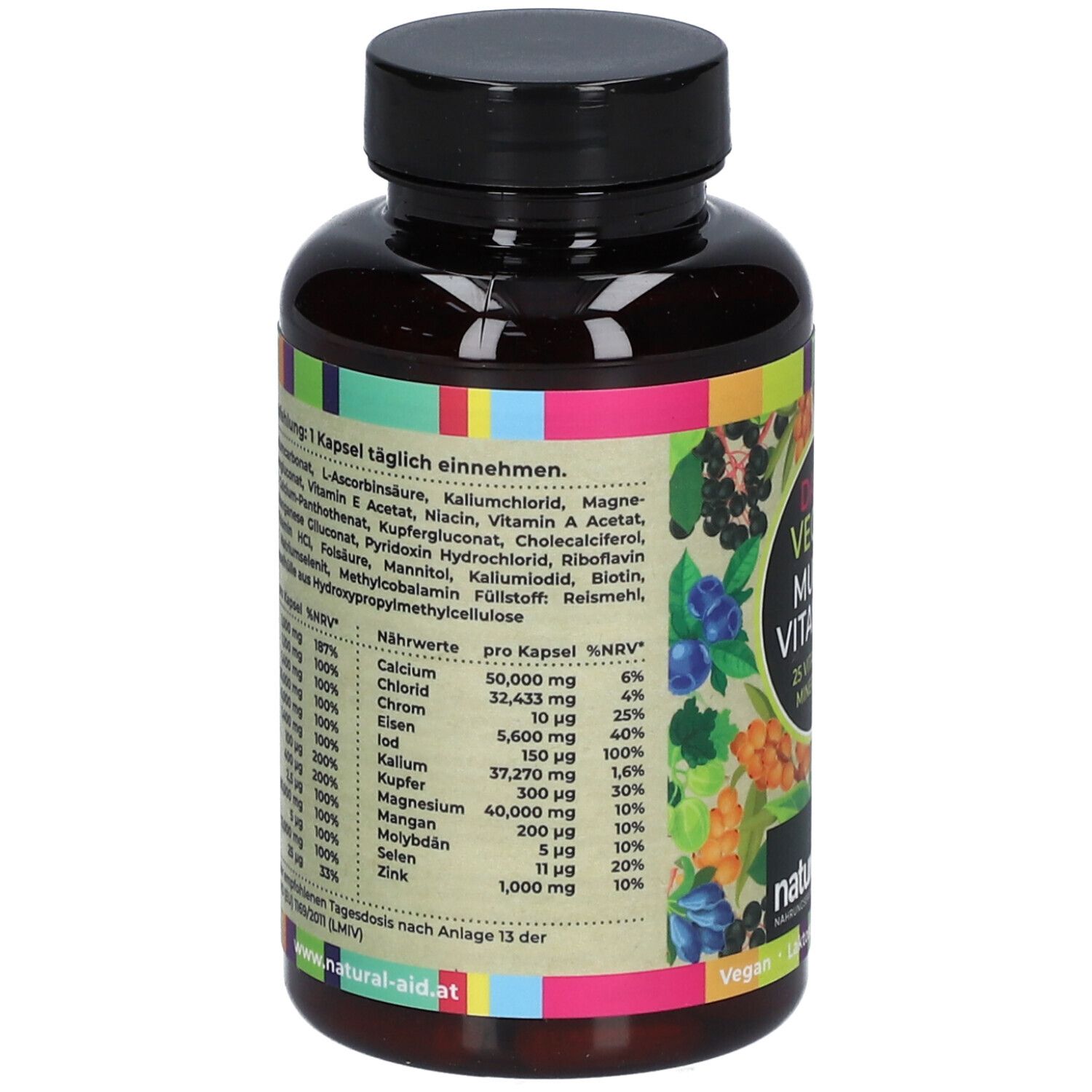 Rückseite einer braunen Flasche mit schwarzem Deckel. Enthält Nährwertangaben und Inhaltsstoffe. Marke: natural aid. Vegan-Siegel.