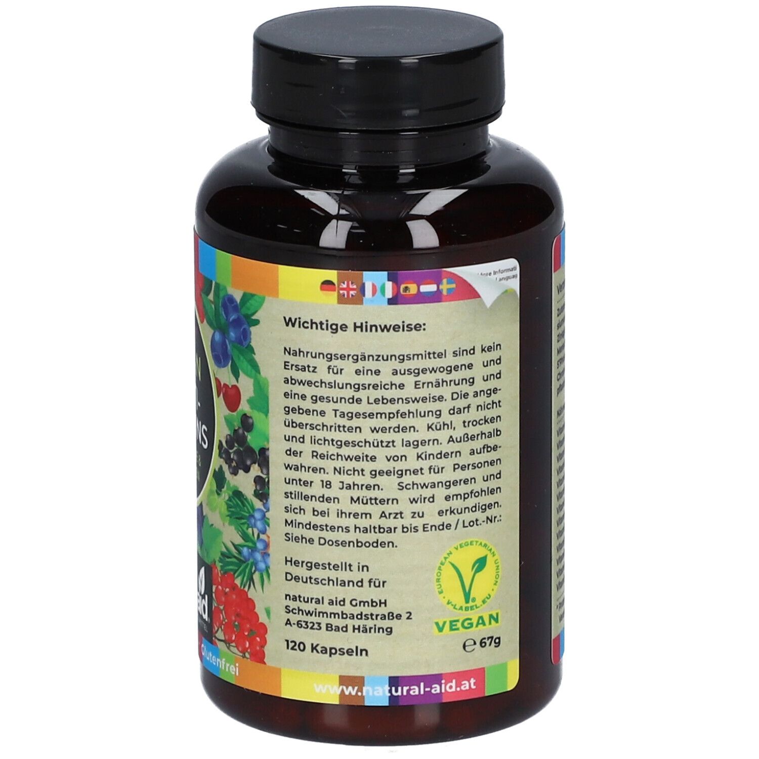 Braune Flasche mit schwarzem Deckel. Enthält wichtige Hinweise. Vegan-Siegel. Marke: natural aid. 120 Kapseln.