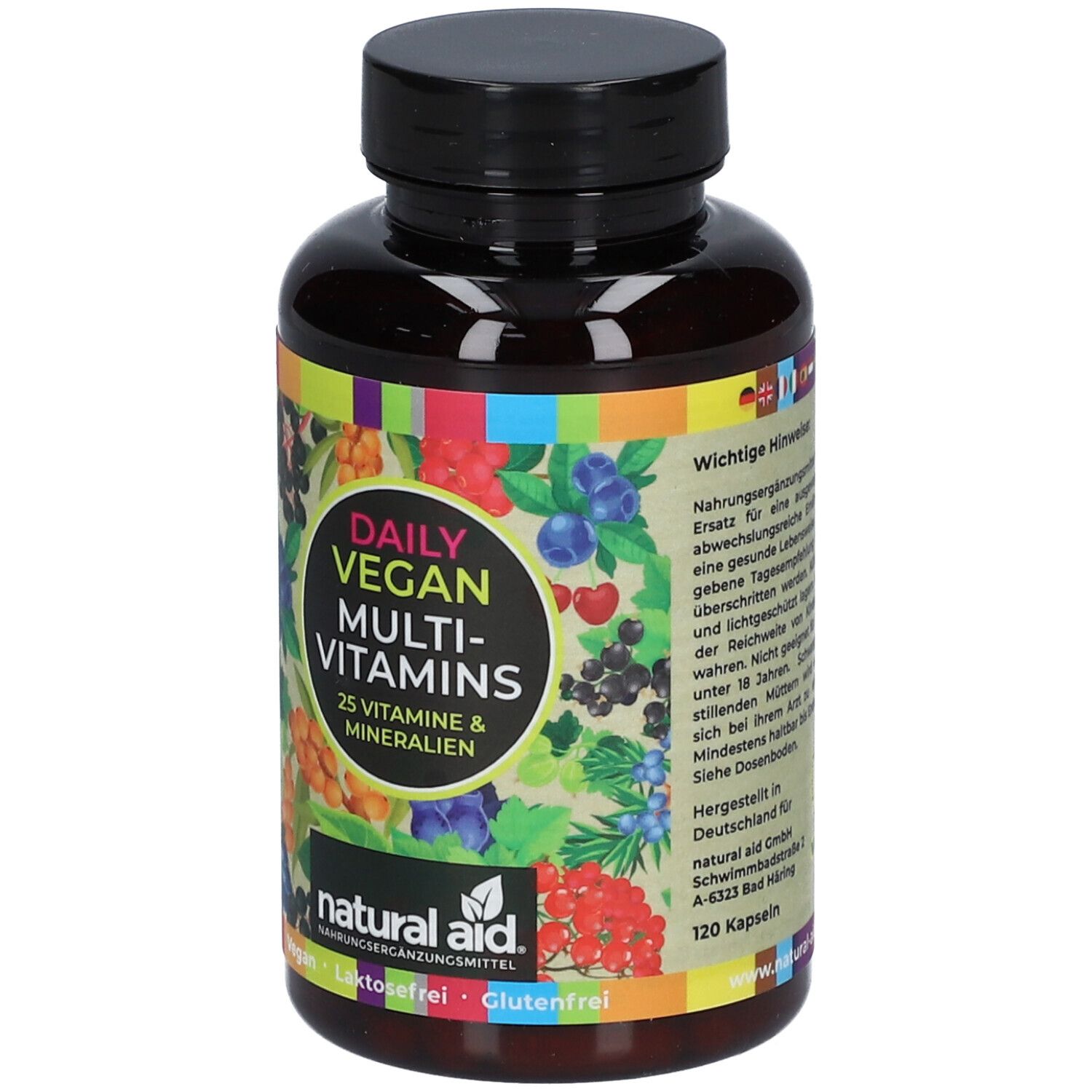 Braune Flasche mit schwarzem Deckel. Aufschrift: Daily Vegan Multi-Vitamins, 25 Vitamine & Mineralien. Marke: natural aid. 120 Kapseln.