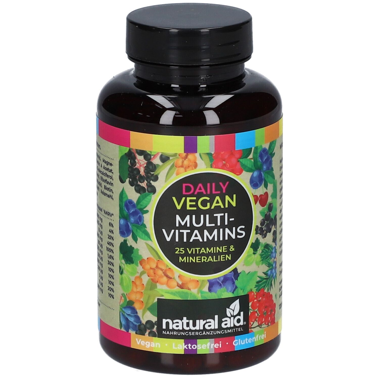 Braune Flasche mit schwarzem Deckel. Aufschrift: Daily Vegan Multi-Vitamins, 25 Vitamine & Mineralien. Marke: natural aid. Vegan, laktosefrei, glutenfrei.