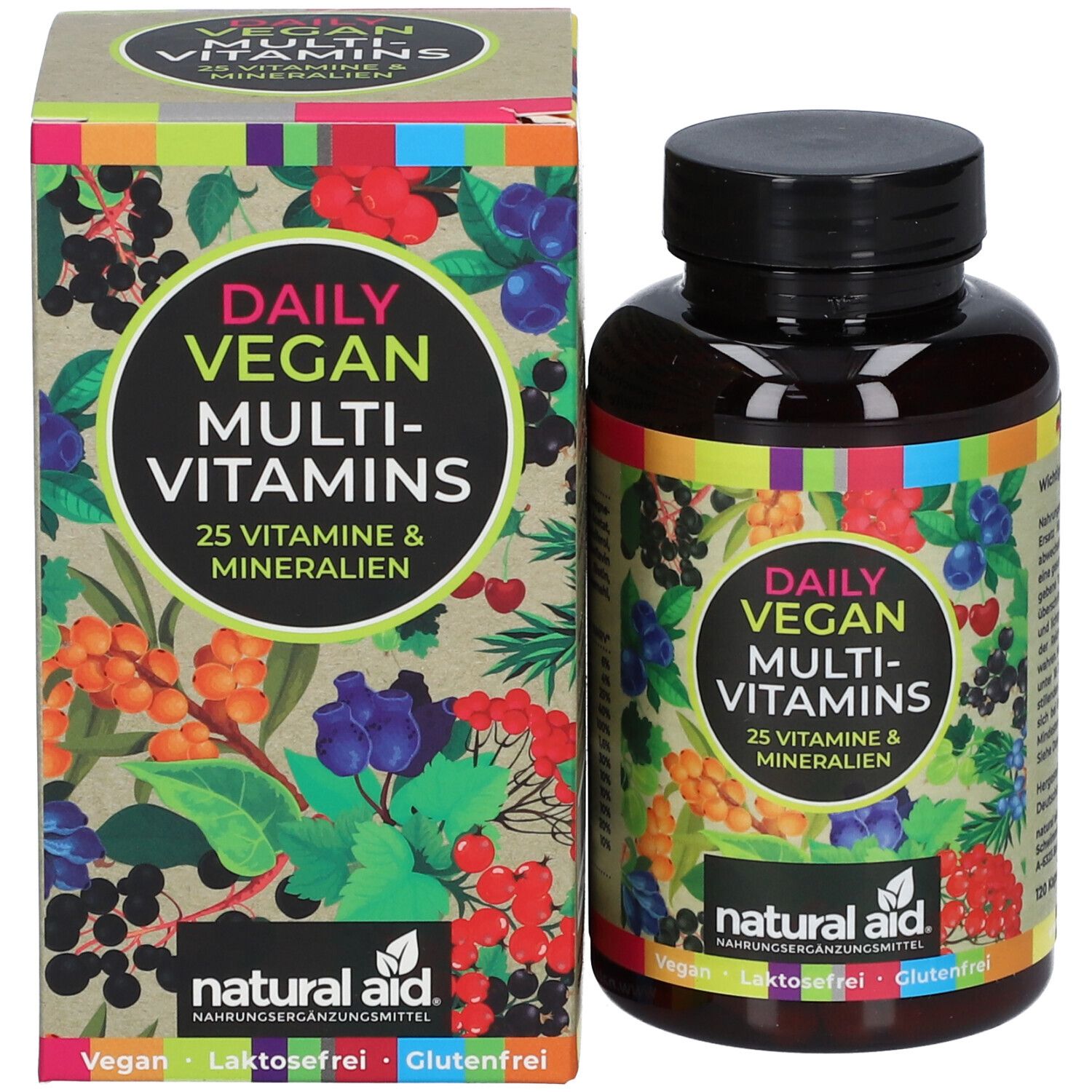 Produktverpackung und Flasche. Aufschrift: Daily Vegan Multi-Vitamins, 25 Vitamine & Mineralien. Marke: natural aid. Vegan, laktosefrei, glutenfrei.