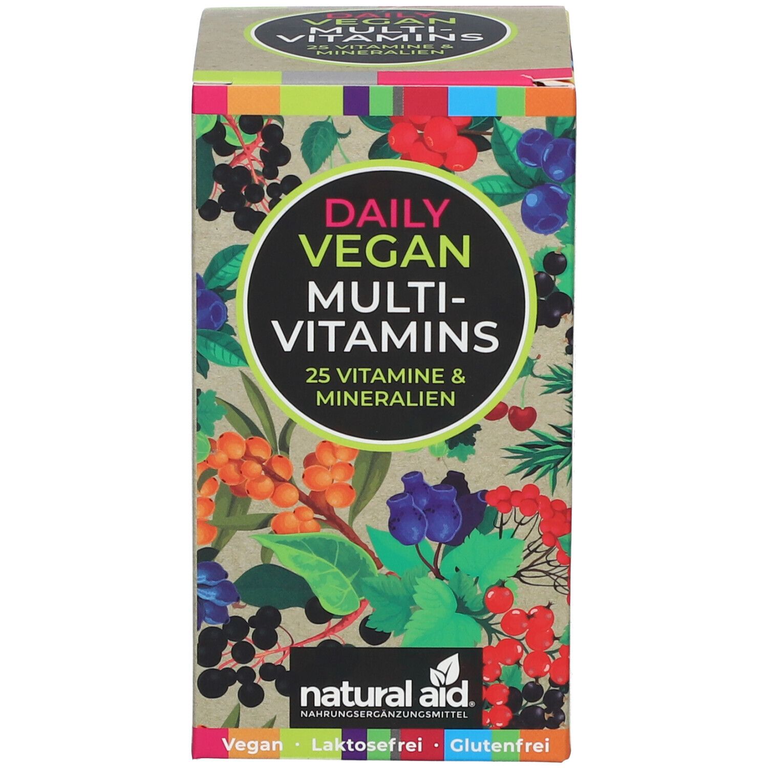 Produktverpackung. Aufschrift: Daily Vegan Multi-Vitamins, 25 Vitamine & Mineralien. Marke: natural aid. Vegan, laktosefrei, glutenfrei.