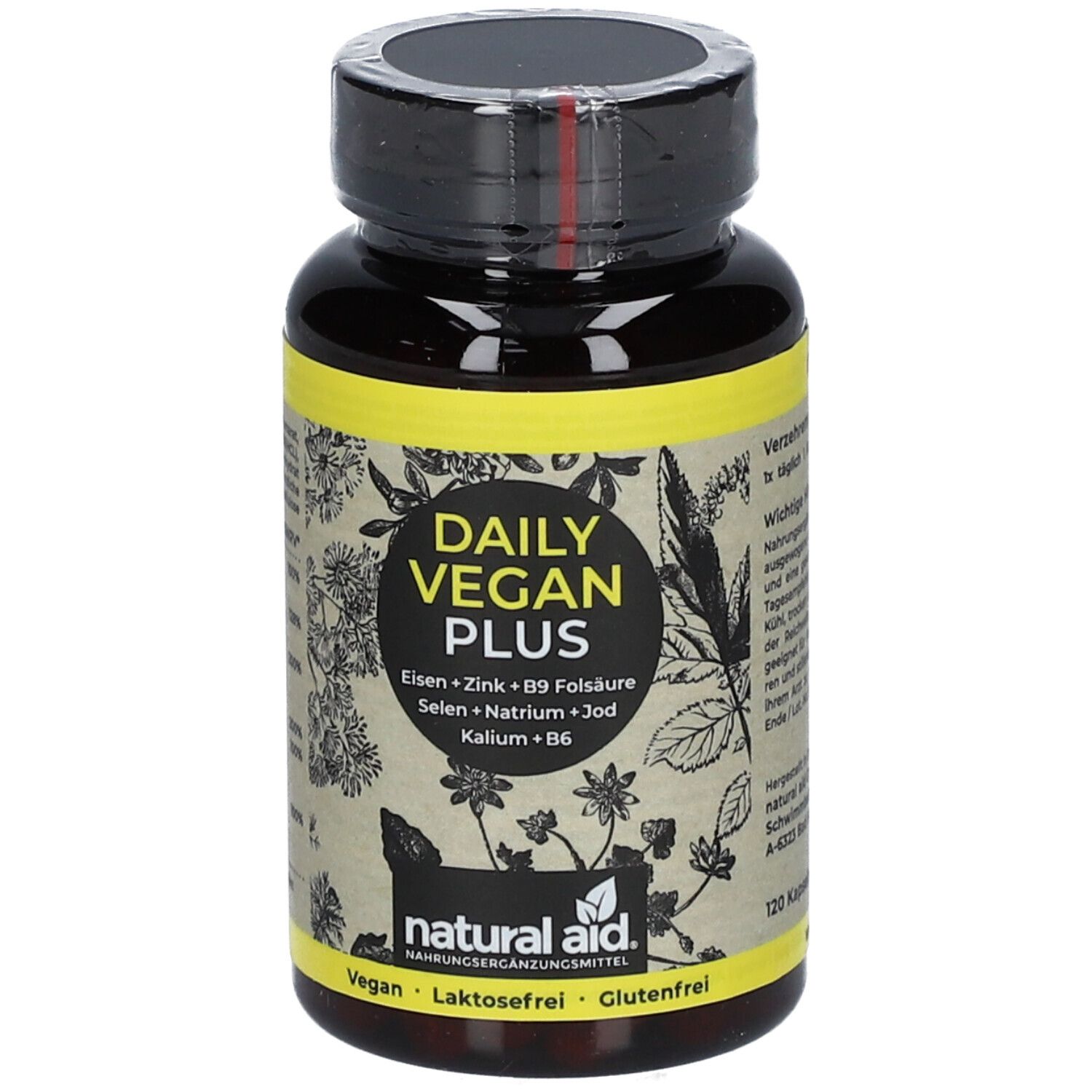 Braune Flasche mit schwarzem Deckel. Aufschrift: DAILY VEGAN PLUS. Enthält Eisen, Zink, B9 Folsäure, Selen, Natrium, Jod, Kalium, B6. Vegan.