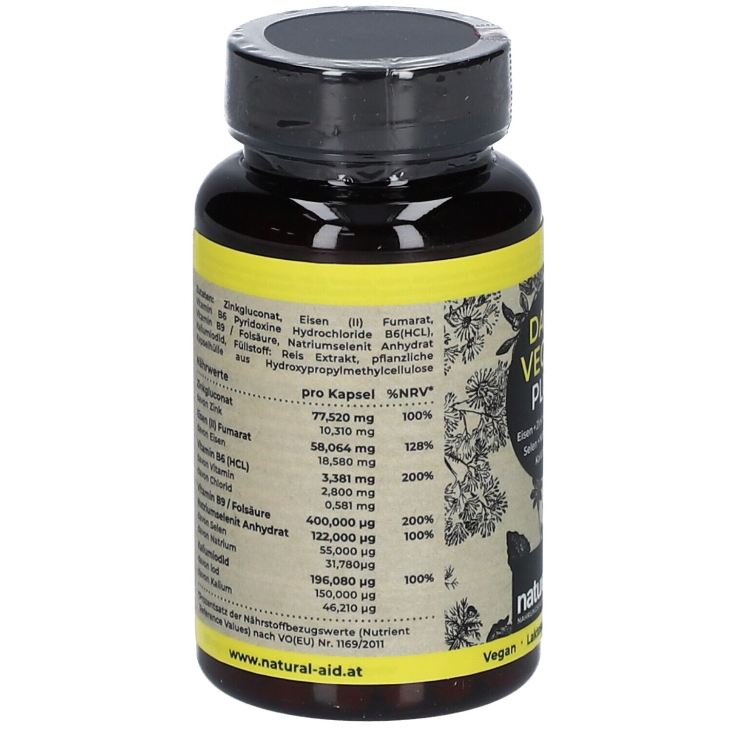 Braune Flasche mit gelbem Etikett. Enthält Nährwertangaben für DAILY VEGAN PLUS. Enthält Zink, Eisen, Vitamin B6, Vitamin B9, Natrium, Jod, Kalium.