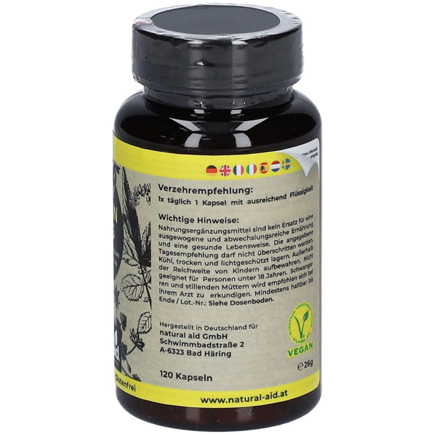 Braune Flasche mit gelbem Etikett. Enthält Informationen zur Einnahme von DAILY VEGAN PLUS. Vegan-Siegel. 120 Kapseln.