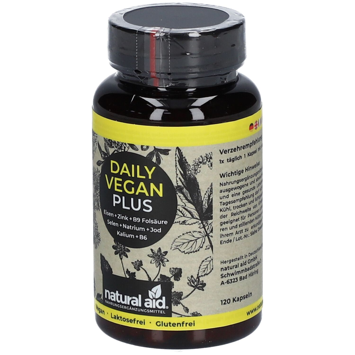 Braune Flasche mit gelbem Etikett. Aufschrift: DAILY VEGAN PLUS. Enthält Eisen, Zink, B9 Folsäure, Selen, Natrium, Jod, Kalium, B6. Vegan. 120 Kapseln.