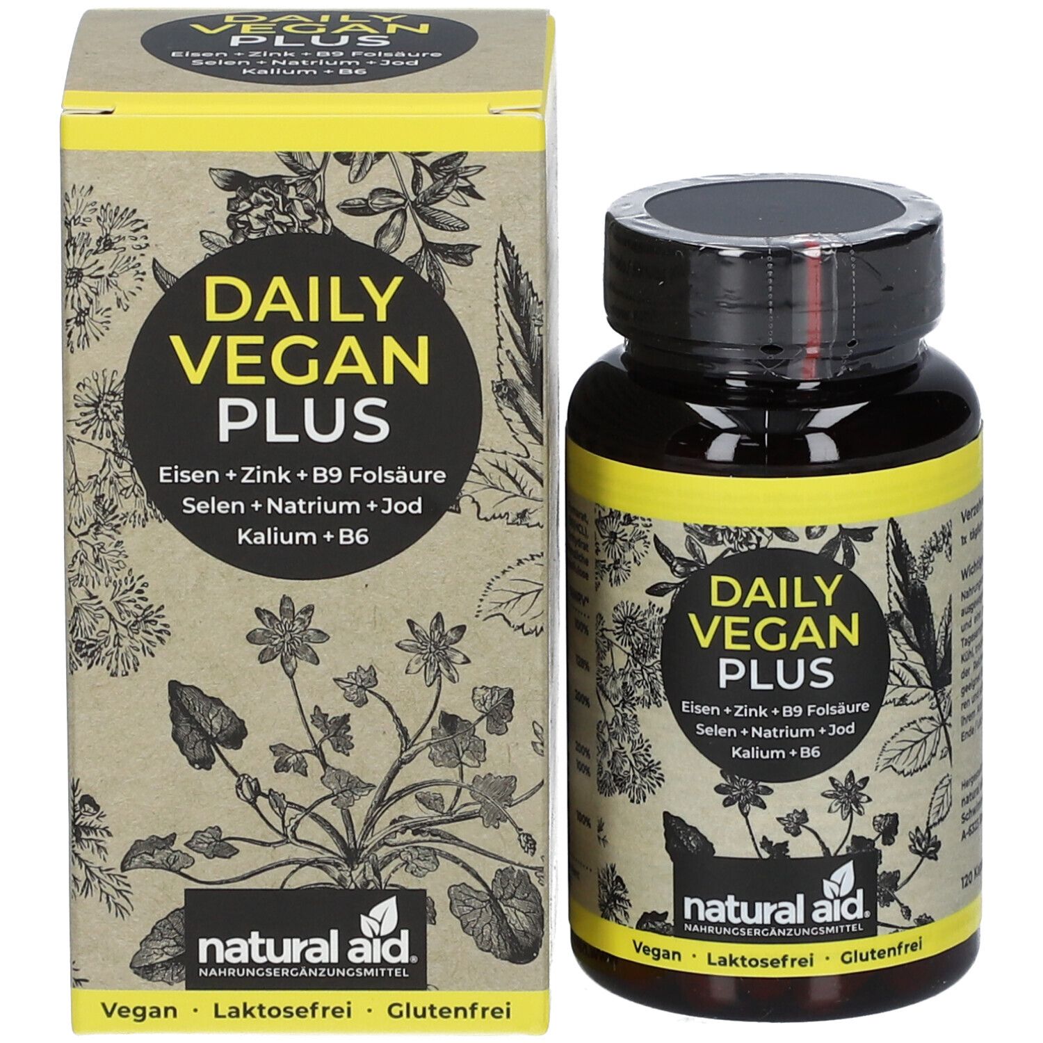 Produktverpackung mit Flasche. Aufschrift: DAILY VEGAN PLUS. Enthält Eisen, Zink, B9 Folsäure, Selen, Natrium, Jod, Kalium, B6. Vegan.