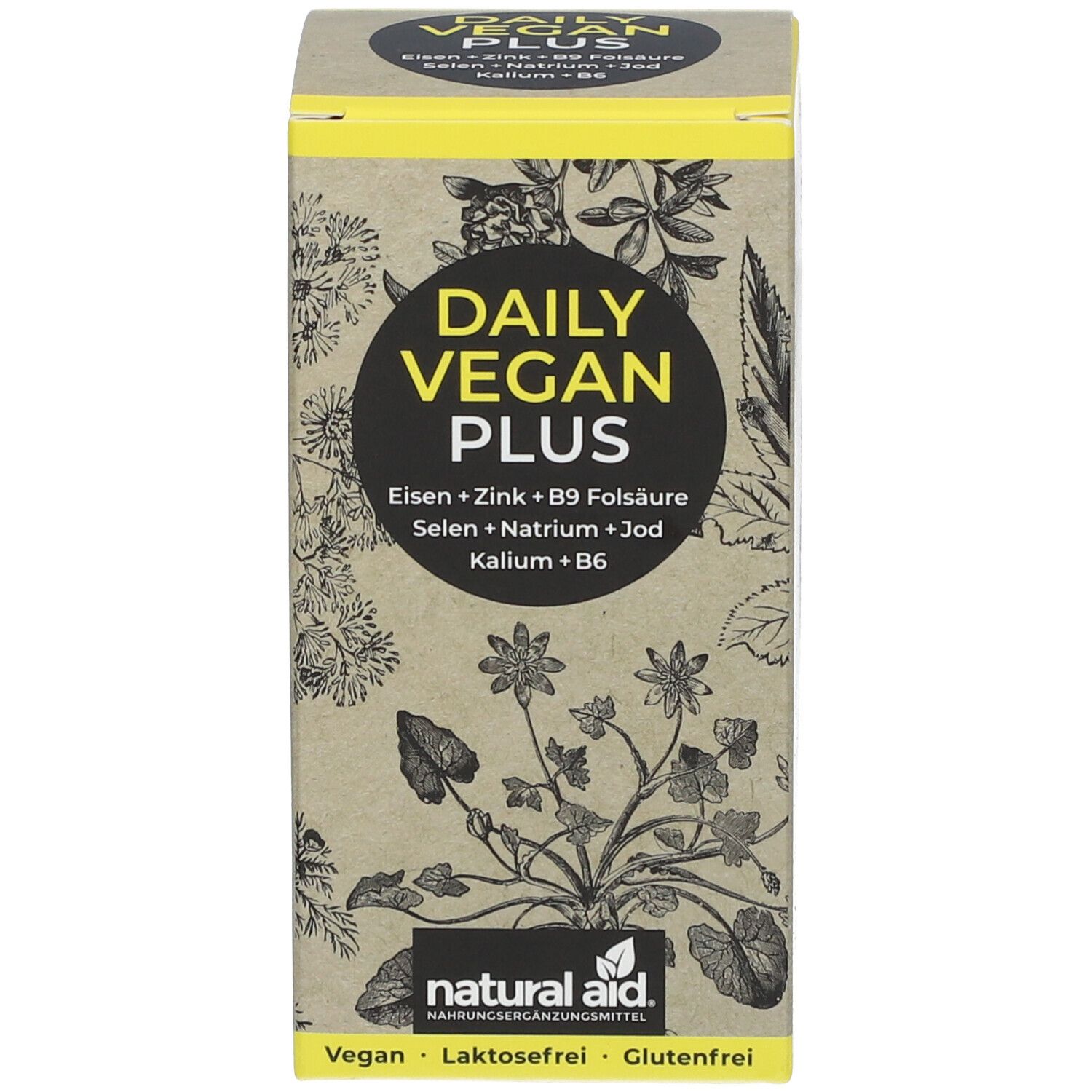 Produktverpackung. Aufschrift: DAILY VEGAN PLUS. Enthält Eisen, Zink, B9 Folsäure, Selen, Natrium, Jod, Kalium, B6. Vegan.