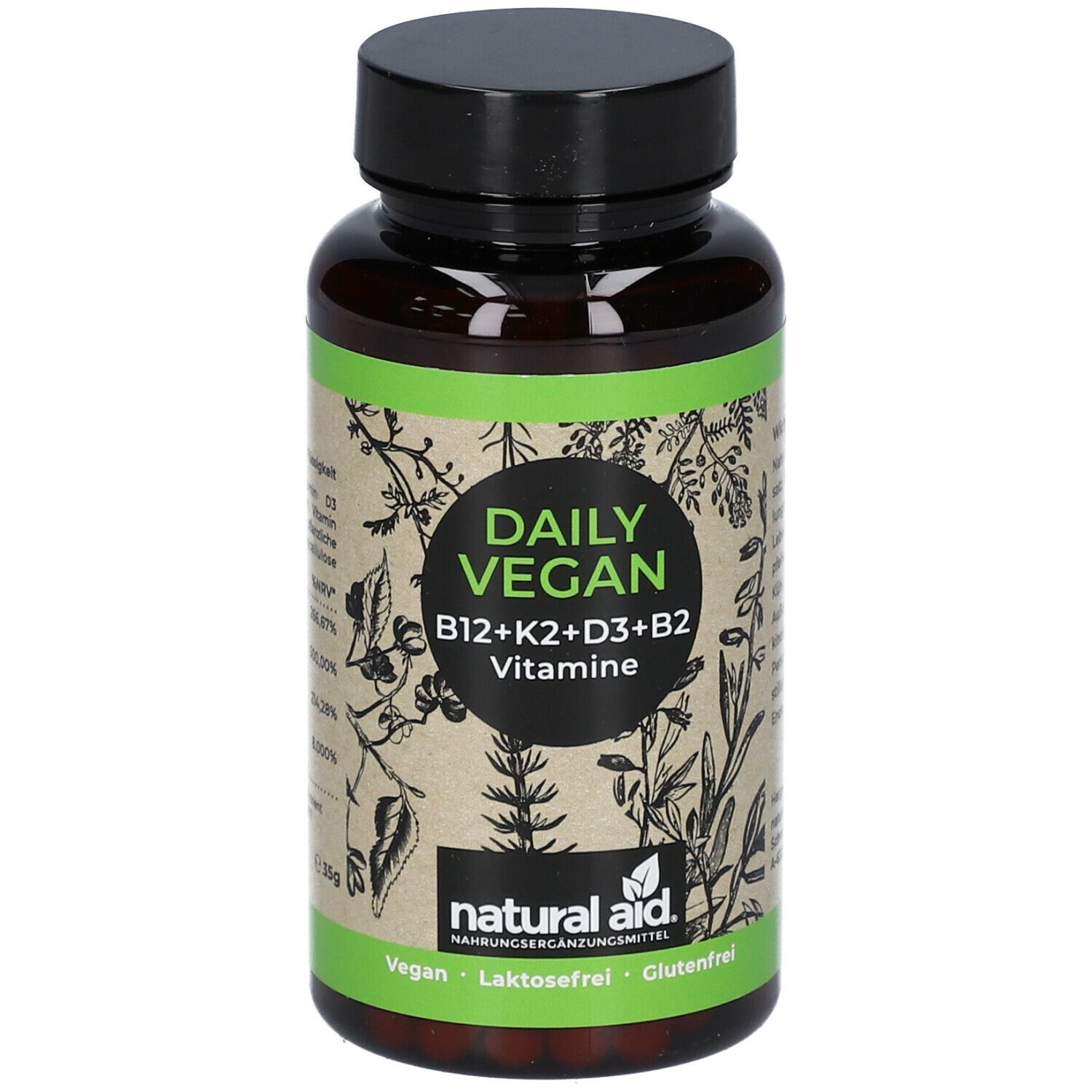 Braune Flasche mit schwarzem Deckel. Aufschrift: Daily Vegan B12+K2+D3+B2 Vitamine. Marke: natural aid. Vegan, laktosefrei, glutenfrei.
