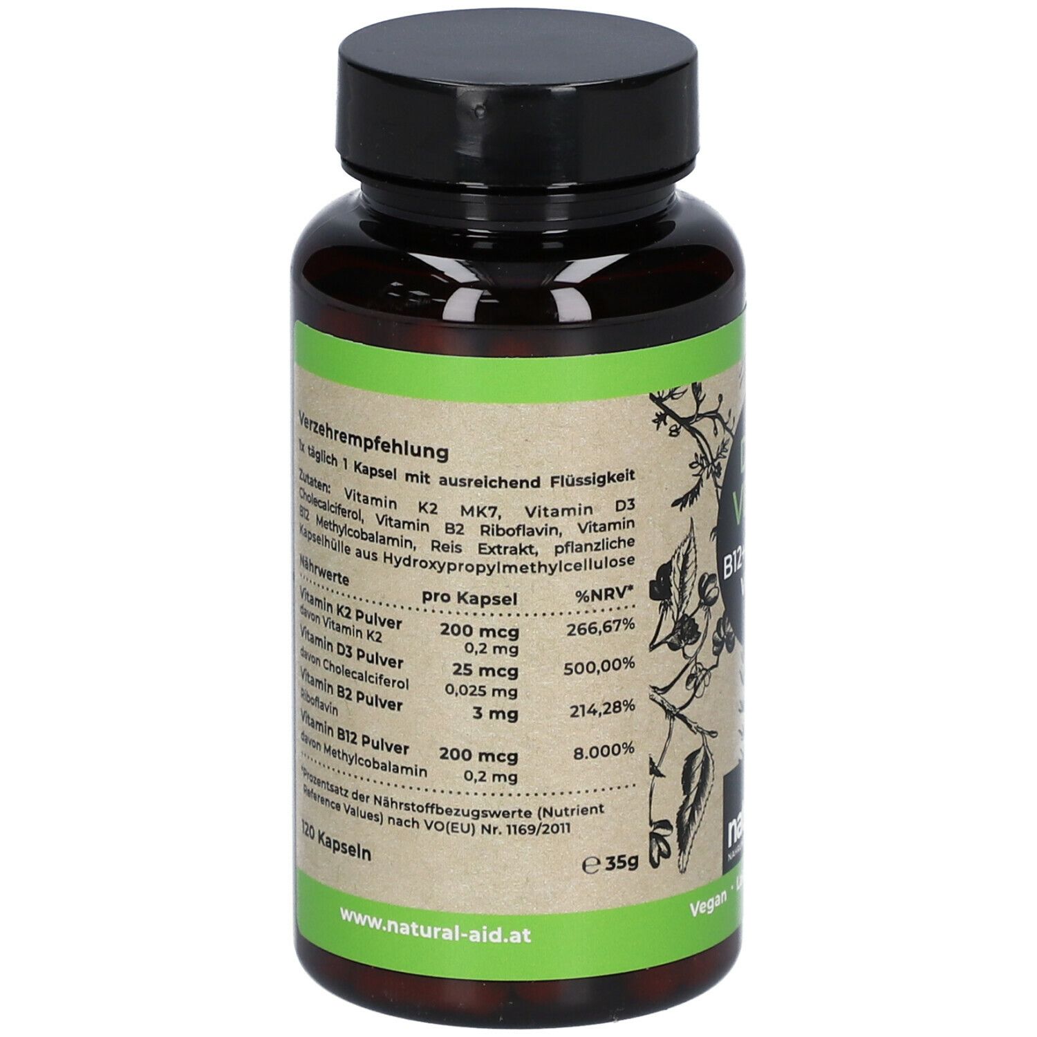Braune Flasche mit schwarzem Deckel. Aufschrift: Daily Vegan B12+K2+D3+B2 Vitamine. Enthält Nährwertangaben. Marke: natural aid. Vegan.