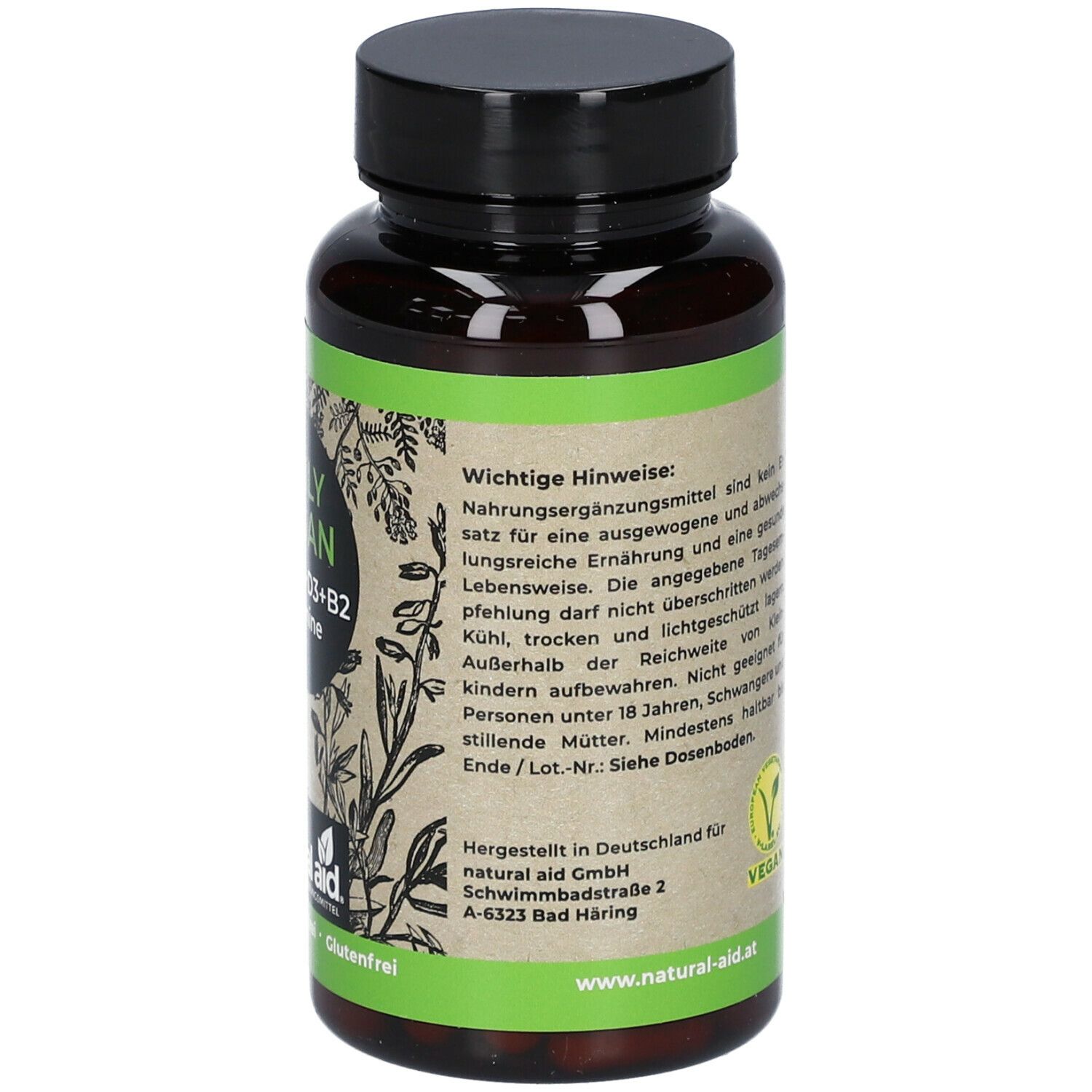 Braune Flasche mit schwarzem Deckel. Aufschrift: Daily Vegan B12+K2+D3+B2 Vitamine. Enthält wichtige Hinweise. Marke: natural aid. Vegan-Siegel.