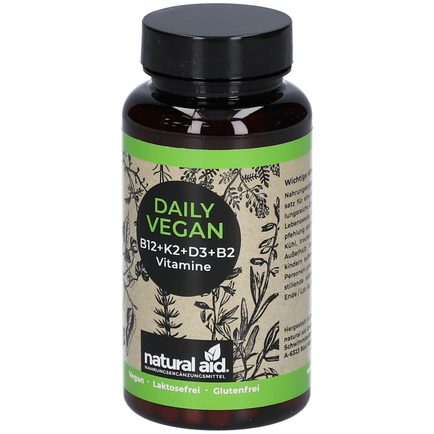 Braune Flasche mit schwarzem Deckel. Aufschrift: Daily Vegan B12+K2+D3+B2 Vitamine. Marke: natural aid. Vegan, laktosefrei, glutenfrei.