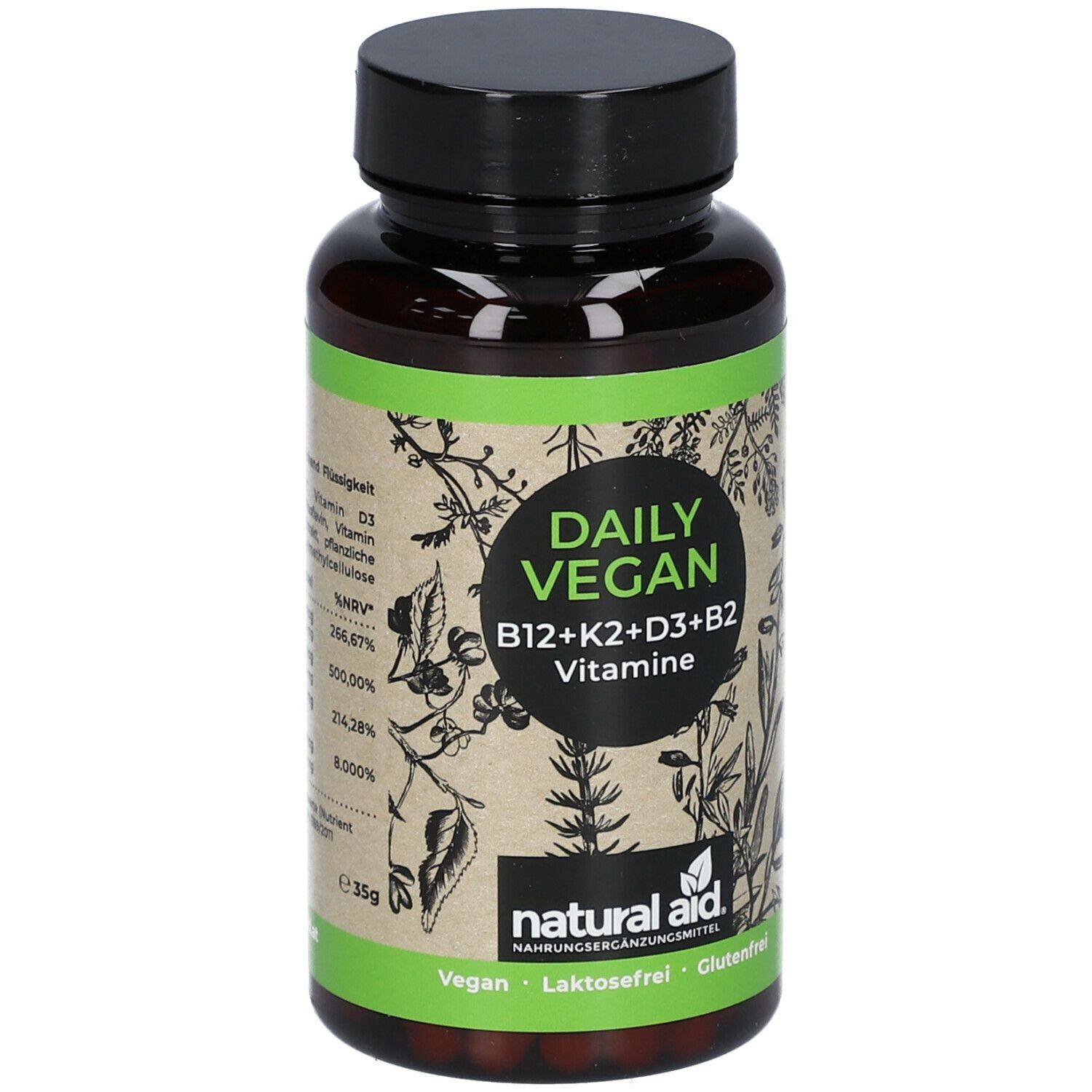 Braune Flasche mit schwarzem Deckel. Aufschrift: Daily Vegan B12+K2+D3+B2 Vitamine. Marke: natural aid. Vegan, laktosefrei, glutenfrei.