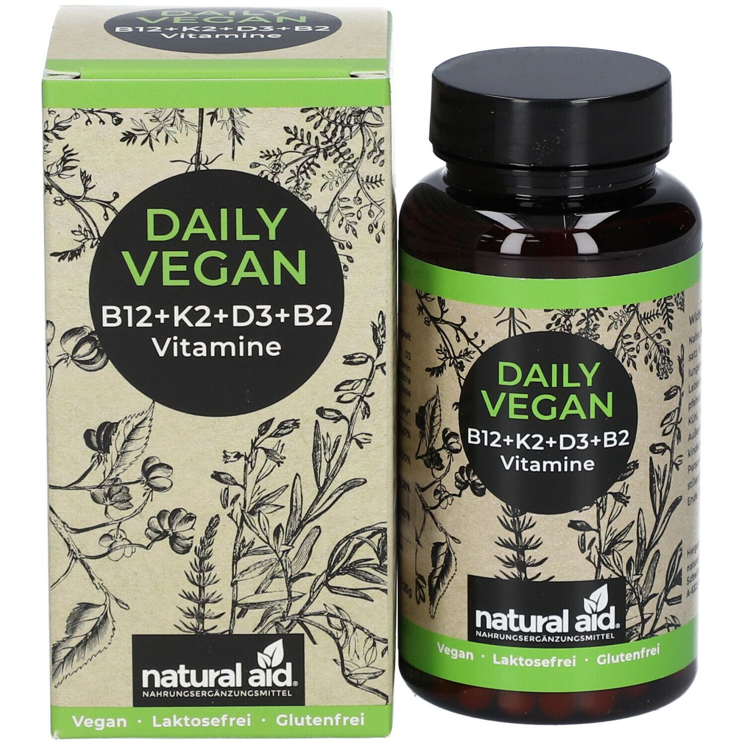Produktverpackung und Flasche. Aufschrift: Daily Vegan B12+K2+D3+B2 Vitamine. Marke: natural aid. Vegan, laktosefrei, glutenfrei.