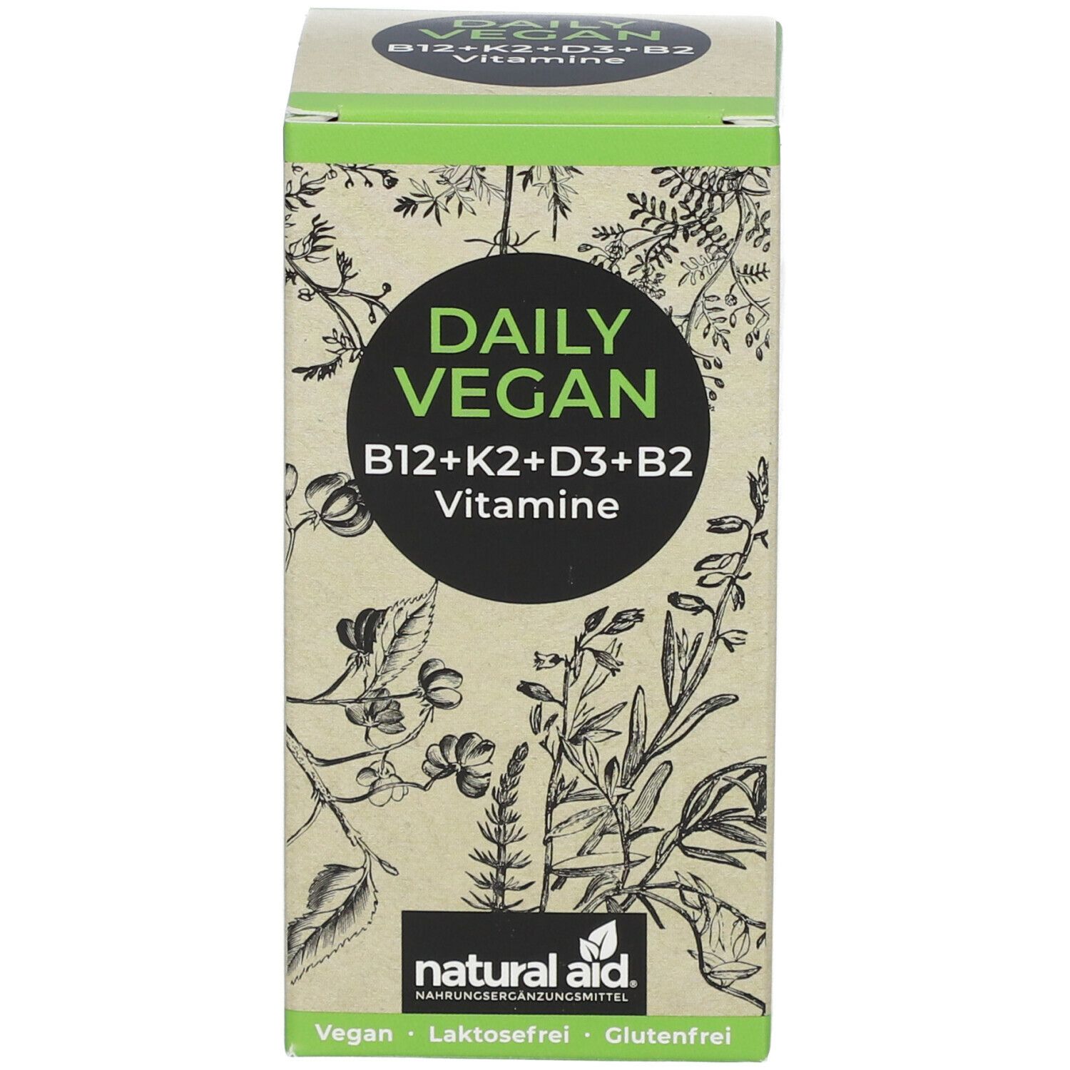 Produktverpackung. Aufschrift: Daily Vegan B12+K2+D3+B2 Vitamine. Marke: natural aid. Vegan, laktosefrei, glutenfrei.