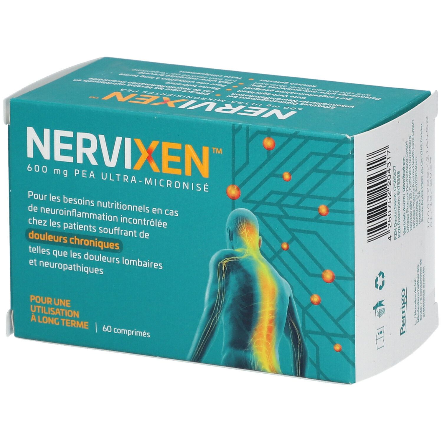 Schachtel mit Nervixen. Aufschrift: 600 mg PEA ultra-mikronisiert. Enthält 60 Tabletten. Abbildung eines Rückens mit Schmerzpunkten.