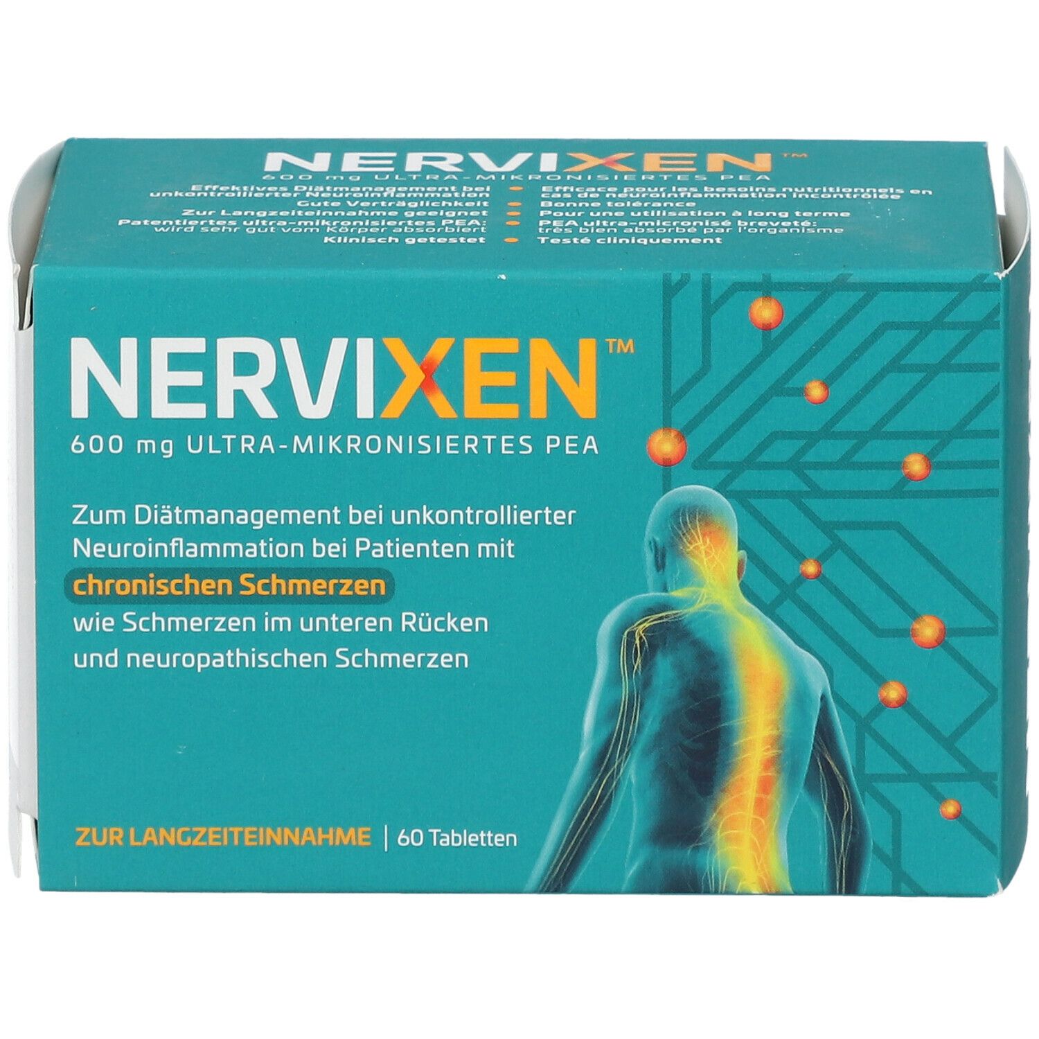 Schachtel mit Nervixen. Aufschrift: 600 mg ultra-mikronisiertes PEA. Enthält 60 Tabletten. Abbildung eines Rückens mit Schmerzpunkten.