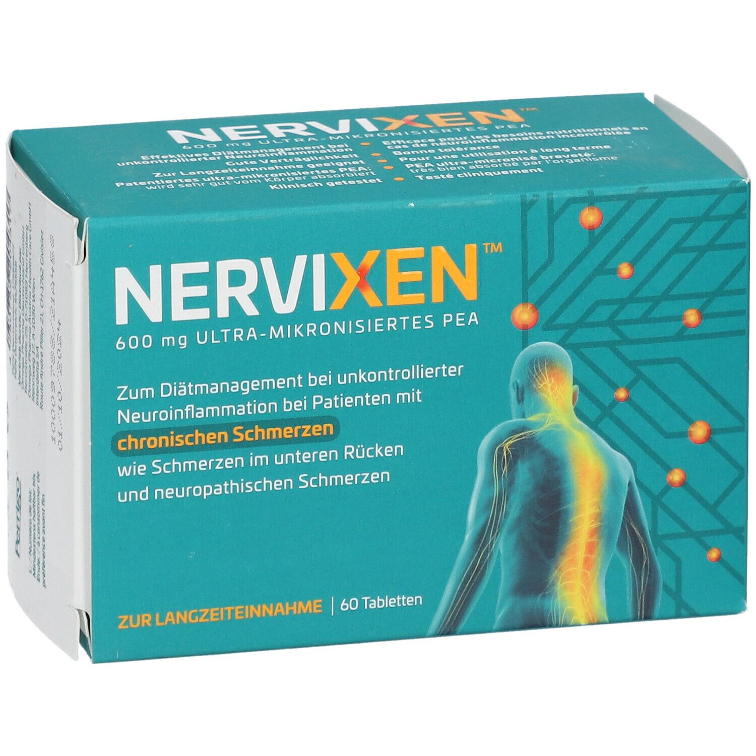 Schachtel mit Nervixen. Aufschrift: 600 mg ultra-mikronisiertes PEA. Enthält 60 Tabletten. Abbildung eines Rückens mit Schmerzpunkten.