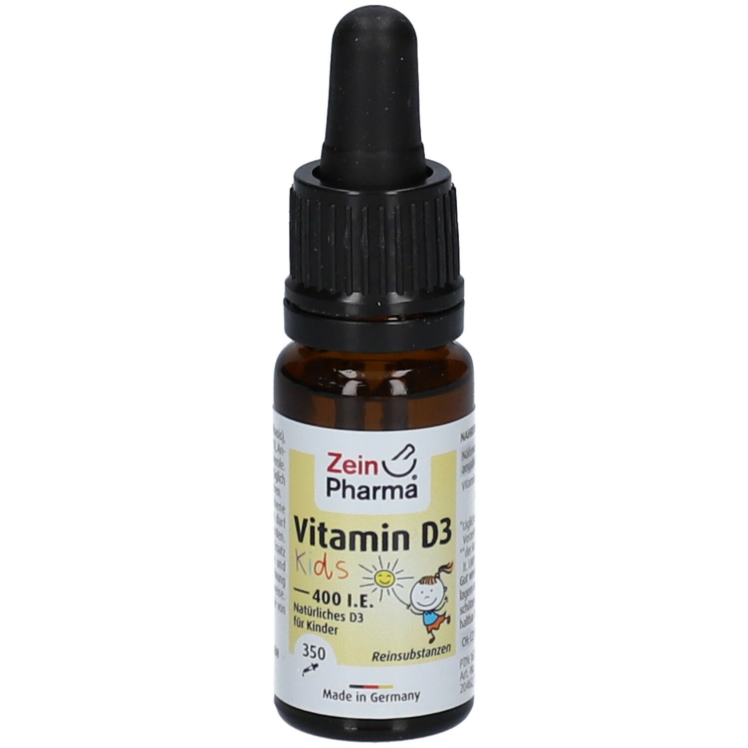 Braune Glasflasche mit schwarzem Tropfer. Etikett mit "Vitamin D3 Kids" und "Zein Pharma" Logo. Tropfenflasche für Kinder.