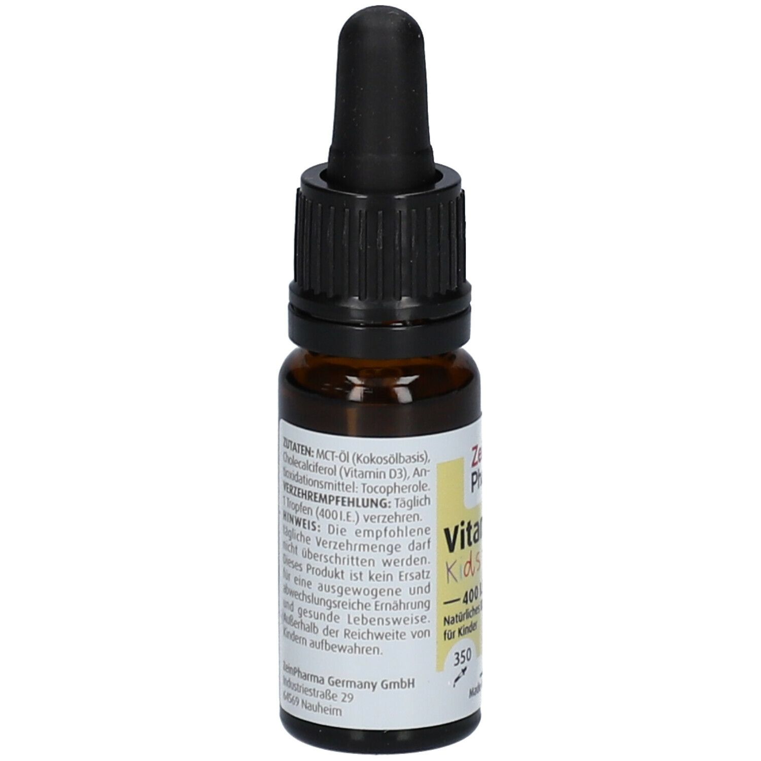 Braune Glasflasche mit schwarzem Tropfer. Etikett mit Inhaltsstoffen und Verzehrempfehlung. Zein Pharma Vitamin D3 für Kinder.